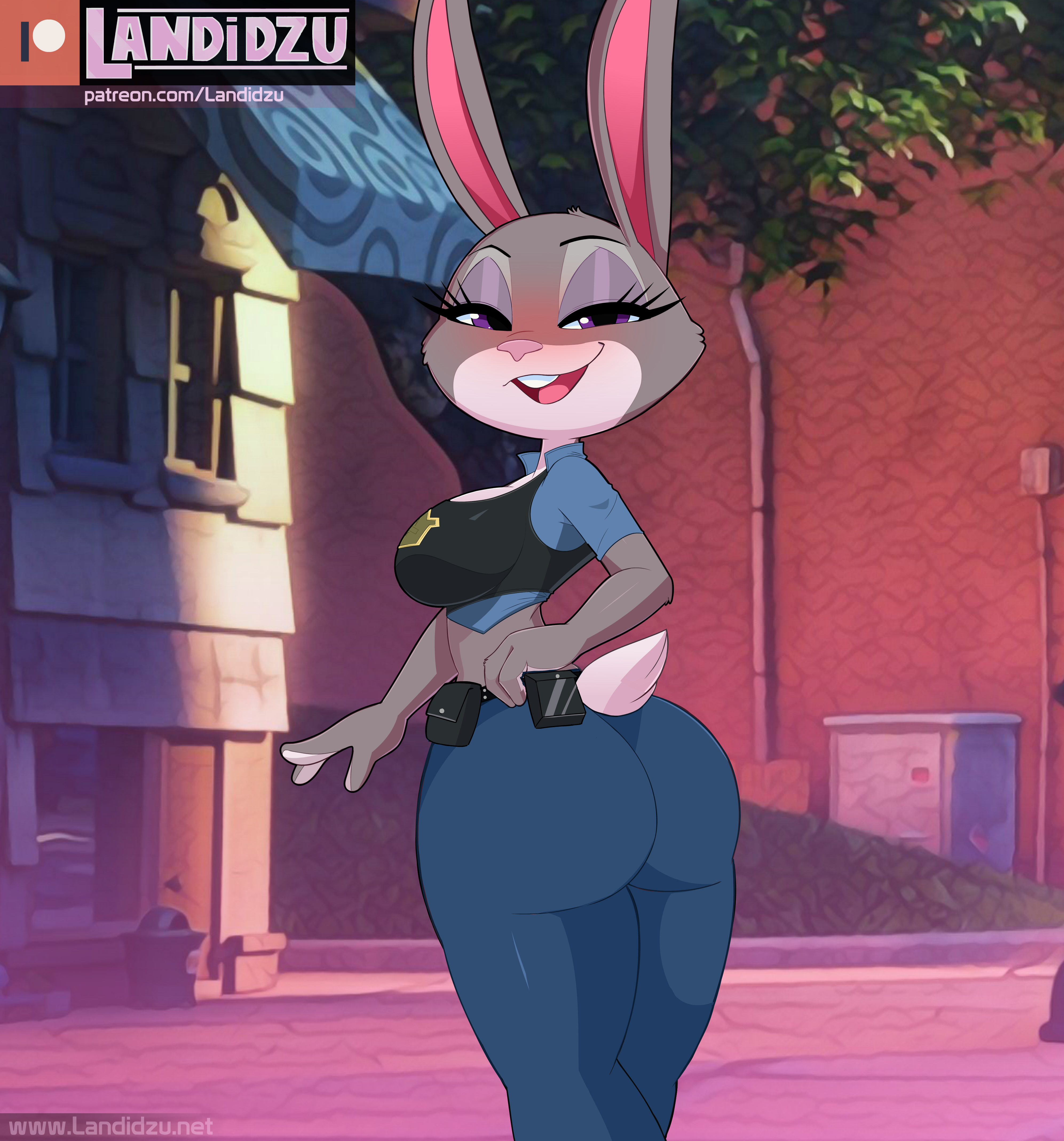 1girls, anthro, ass, big breasts, blush, breasts, bunny ears, bunny tail, clothing, disney, eye contact, female, female only, fully clothed, furry, grey fur, half-closed eyes, judy hopps, landidzu, looking at viewer, medium breasts, pixar, police uniform, policewoman, purple eyes, sideboob, solo, solo female, standing, thick thighs, thighs, zootopia