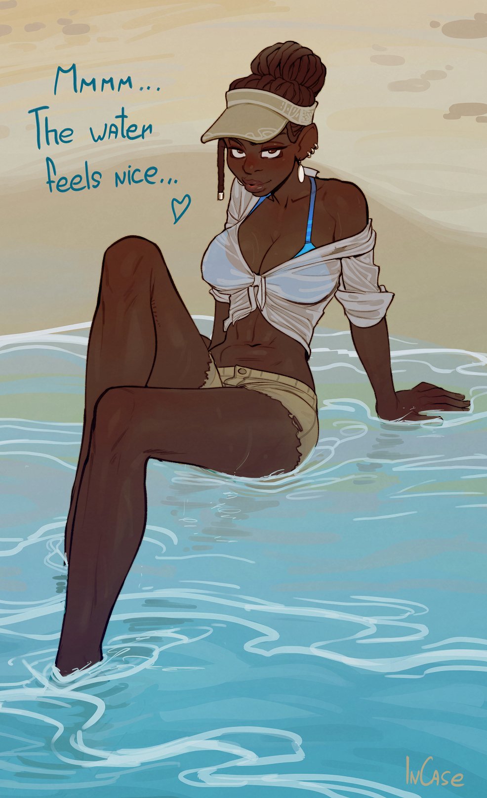 1girls, beach, bikini, brown hair, cap, dark skin, dark-skinned female, dialogue, dreadlocks, english text, female, female only, hi res, in water, incase, long hair, looking at viewer, mature female, seaside, shirt, shorts, sitting, sitting on ground, smiling, smiling at viewer, solo, solo female, talking to viewer, wet shirt