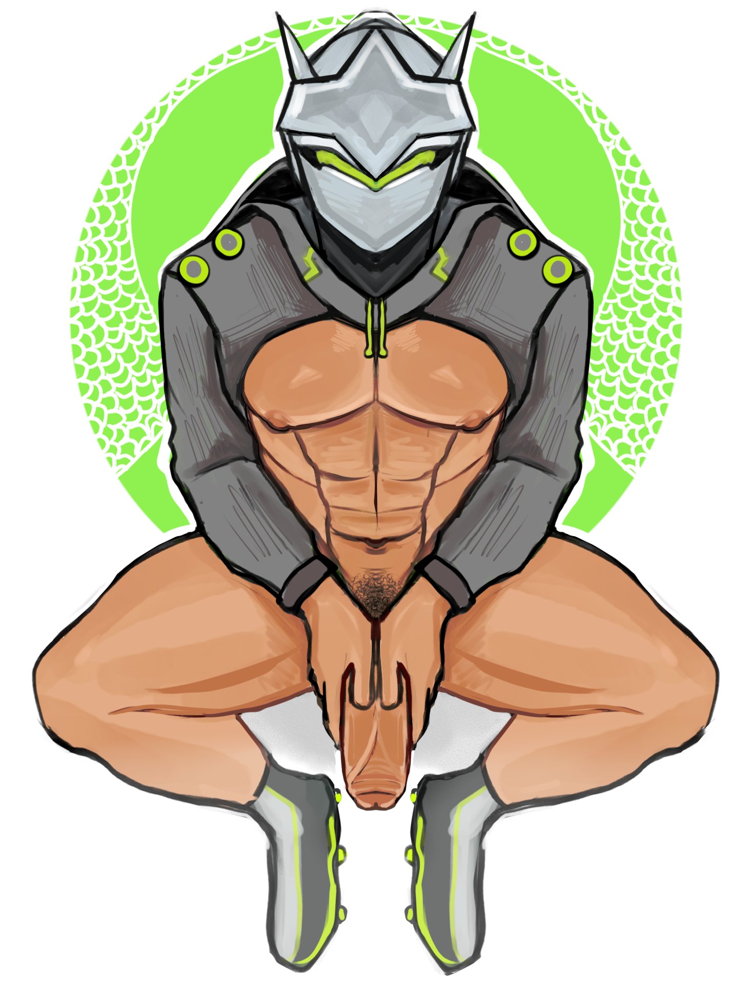 abs, bara, bottomless, foreskin, gay, genji, glimmorad, male, male only, nipples, overwatch, pecs, pectorals, penis, pubes, pubic hair, uncircumcised, veiny penis, white background, yaoi