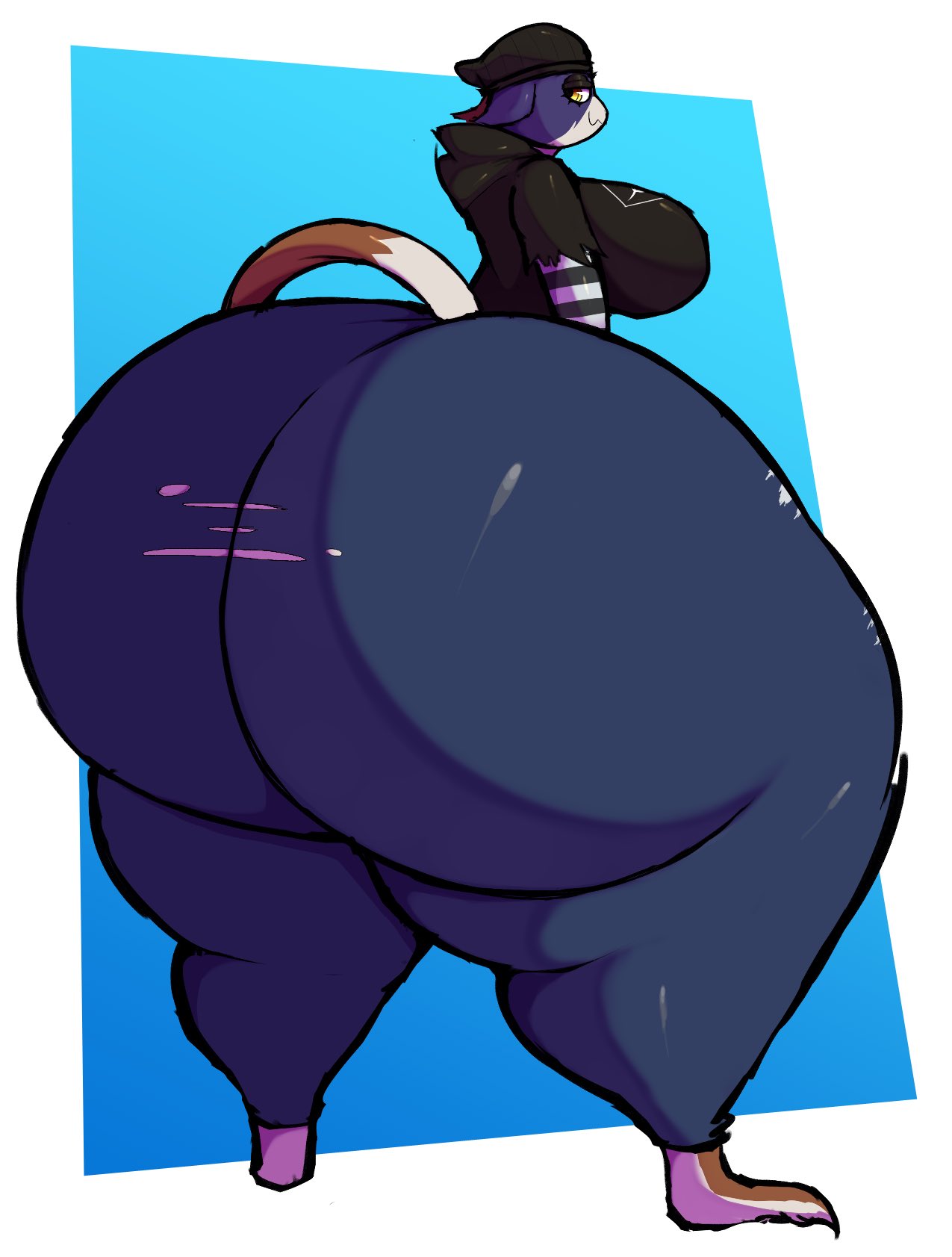 2022, anthro, ass, atsuinekowo, big ass, big breasts, big butt, biped, breasts, calico cat, clothed, clothing, digital media (artwork), domestic cat, epic games, fat, felid, feline, felis, female, fortnite, hi res, huge ass, huge butt, hyper, hyper ass, hyper butt, looking back, mammal, meow skulls (fortnite), mottled, piebald, rear view, simple background, smile, solo, standing, striped sleeves, thick thighs, torn clothing, video games, wide hips