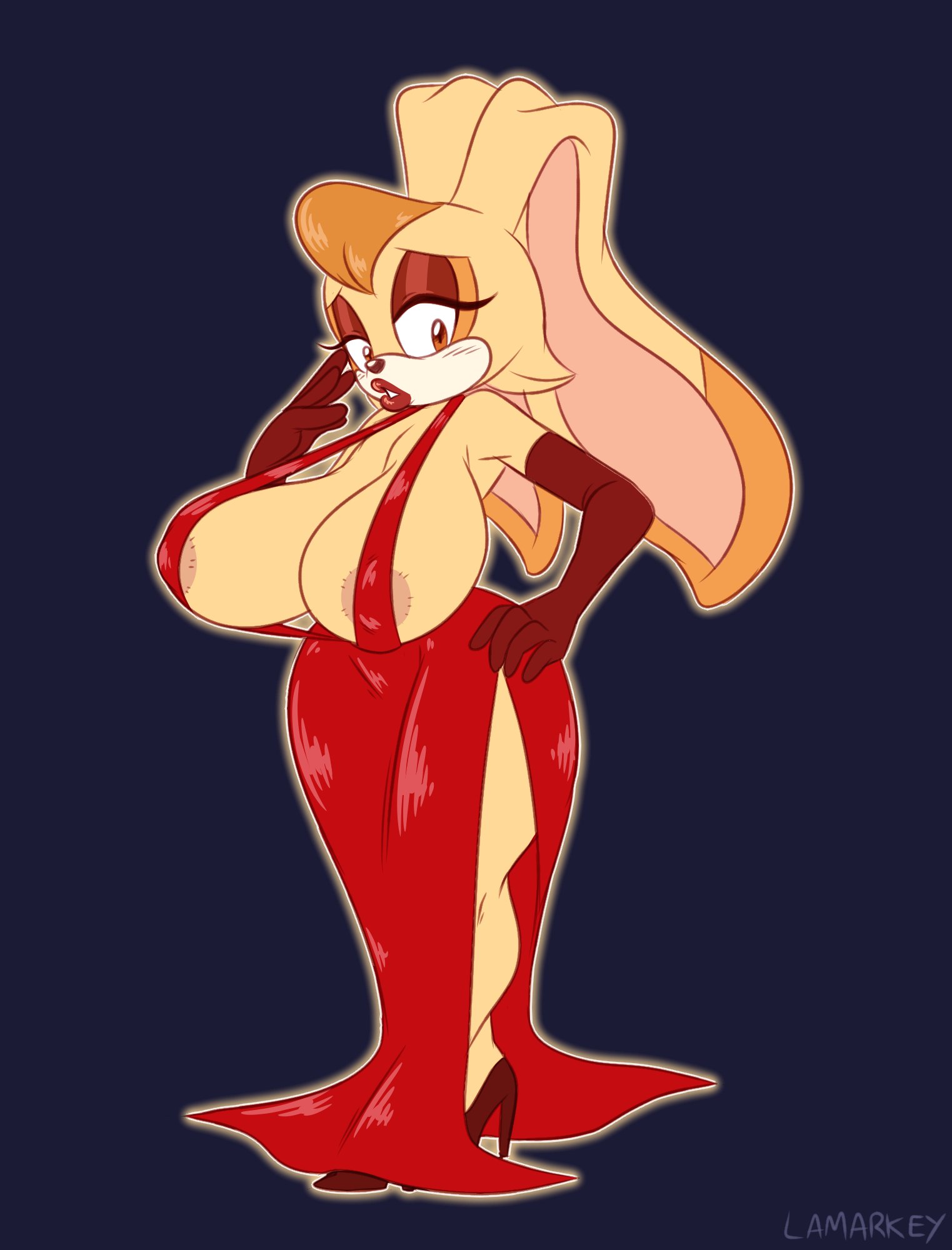 1girls, anthro, anthro milf, areolae, armwear, big breasts, big lips, bimbo, bimbo lips, breasts, brown eyes, bunny ears, bunny girl, clothing, dress, female, female only, full body, furry, gloves, hand on hip, heels, high heels, hips, huge breasts, lamarkey, legs, lips, lipstick, mature, mature female, milf, mother, red dress, red gloves, red lips, red lipstick, sega, solo, solo female, sonic (series), sonic the hedgehog (series), thick lips, thighs, vanilla the rabbit, wide hips