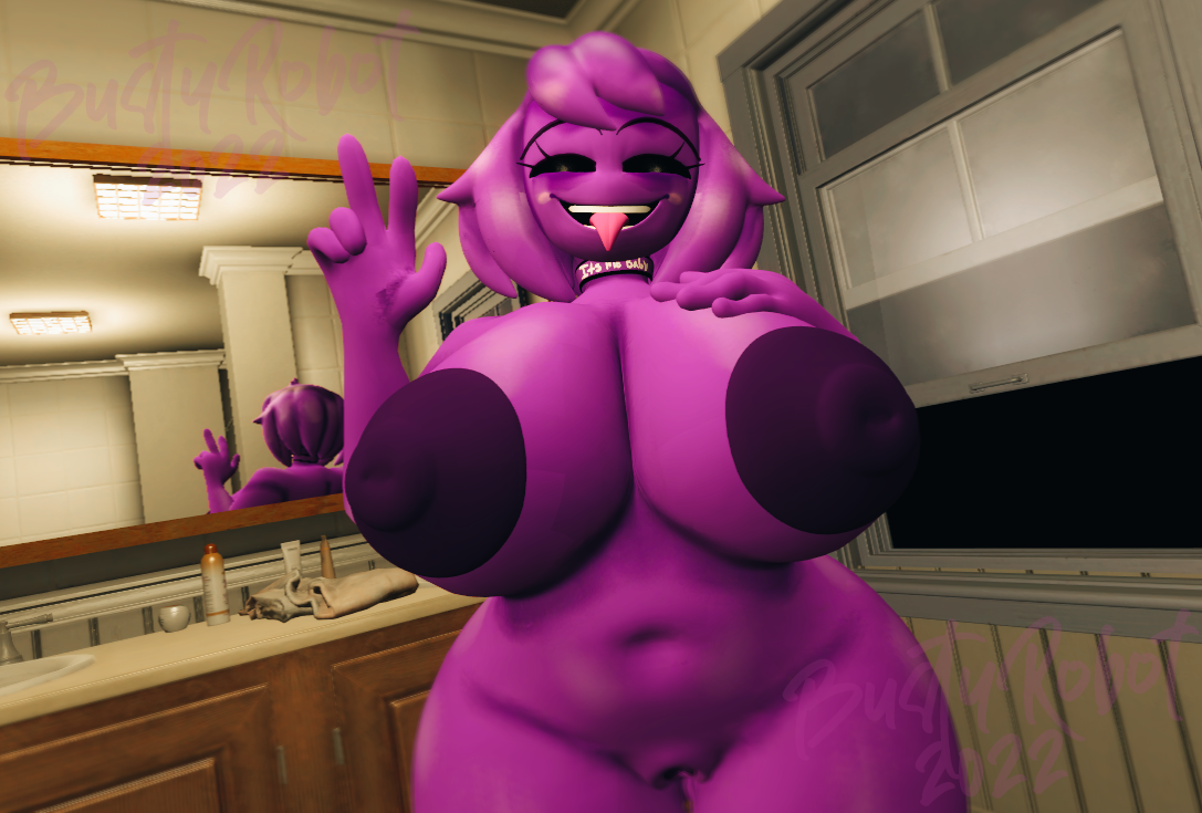 1girls, 3d, 5 fingers, ass, bathroom, belly, belly button, black eyes, breasts, chubby, chubby female, collar, completely nude, eyelashes, female, female only, five nights at freddy's, hand gesture, hand on breast, huge ass, huge breasts, huge nipples, humanoid, looking at viewer, mirror, nipples, nude, nude female, peace sign, pose, posing, puffy nipples, purple hair, purple skin, pussy, reflection, rosy cheeks, scottgames, smiling, smiling at viewer, solo, solo female, text, thick thighs, thighs, tongue, tongue out, video games, wendy afton, white pupils