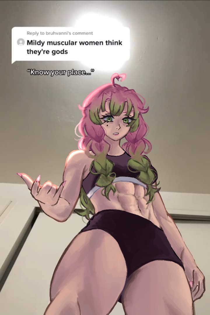 1girls demon_slayer female female_only femdom kanroji_mitsuri kimetsu_no_yaiba know_your_place leanbeefpatty light-skinned_female light_skin low-angle_view meme mildly_muscular_woman muscular muscular_female tiktok