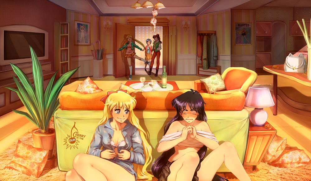 5girls after_sex alcohol almost_caught ami_mizuno behind_couch bishoujo_senshi_sailor_moon bottomless bow bra button_down_shirt characterful characters_in_the_background cheeky_smile cherryinthesun clothing dress_shirt female female_focus female_only fully_clothed getting_dressed hiding interrupted living_room makoto_kino minako_aino panic panicking putting_clothes_on rei_hino skirt small_breasts underwear_removed usagi_tsukino walked_in_on wine_bottle wine_glass yuri