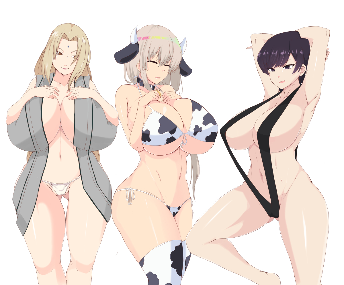 3girls, alternate version available, armpits, big breasts, bikini, bikini bottom, bikini top, black eyes, black hair, black sling bikini, blonde hair, bottomwear, breasts, brown eyes, cleavage, closed eyes, cow ears, cow horns, cow print, cow print bikini, cow print thighhighs, cowbell, crossover, female, female only, forehead jewel, grey hair, hair, huge breasts, komi shuuko, komi-san wa komyushou desu, large breasts, lips, long hair, mature, mature female, milf, mother, multiple females, multiple girls, naruto, naruto (series), neckwear, open robe, panties, robe, short hair, skimpy, skimpy bikini, sling bikini, sombra222, swimsuit, swimwear, topwear, tsunade, uzaki tsuki, uzaki-chan wa asobitai!, white panties