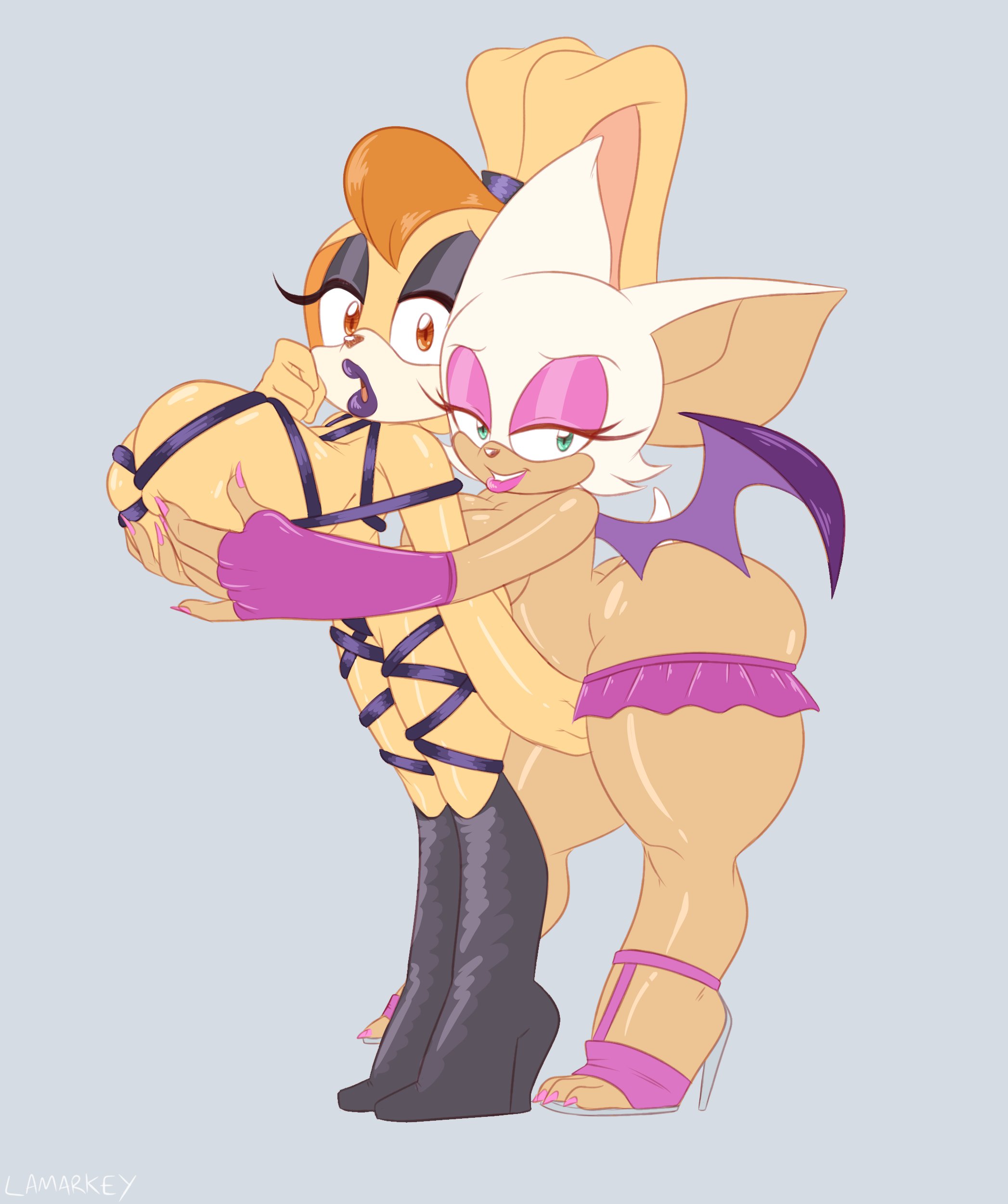 2girls, anthro, ass, bat ears, bat wings, big ass, big breasts, big lips, bimbo, bimbo lips, black eyeshadow, breasts, brown eyes, bunny ears, bunny girl, eyeshadow, female, female only, full body, furry, green eyes, half-closed eyes, hands on breasts, heels, high heels, huge breasts, lamarkey, large breasts, lips, lipstick, mature, mature female, milf, mother, nail polish, nails, pink eyeshadow, pink lips, pink lipstick, pink nail polish, pink nails, purple lips, purple lipstick, rouge the bat, sega, shortstack, skimpy, sonic (series), sonic the hedgehog (series), thick lips, thigh boots, vanilla the rabbit, wings, yuri