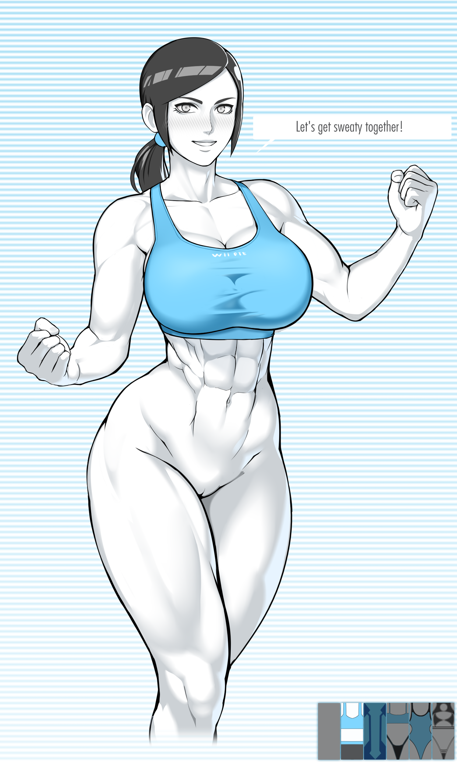 1girls, abs, alternate version available, big breasts, black hair, blush, bottomless, bottomless female, breasts, casual, clothing, completely nude, dialogue, eye contact, female, female only, grey eyes, highres, human, long hair, looking at viewer, muscles, muscular, muscular female, navel, nintendo, nipples, nisetanaka, nisetanaqa, nude, nude female, pale skin, ponytail, pussy, shorts, six pack, smile, solo, solo female, sportswear, standing, text, thick thighs, thighs, tight pants, top, vagina, white skin, wii fit, wii fit trainer, wii fit trainer (female)