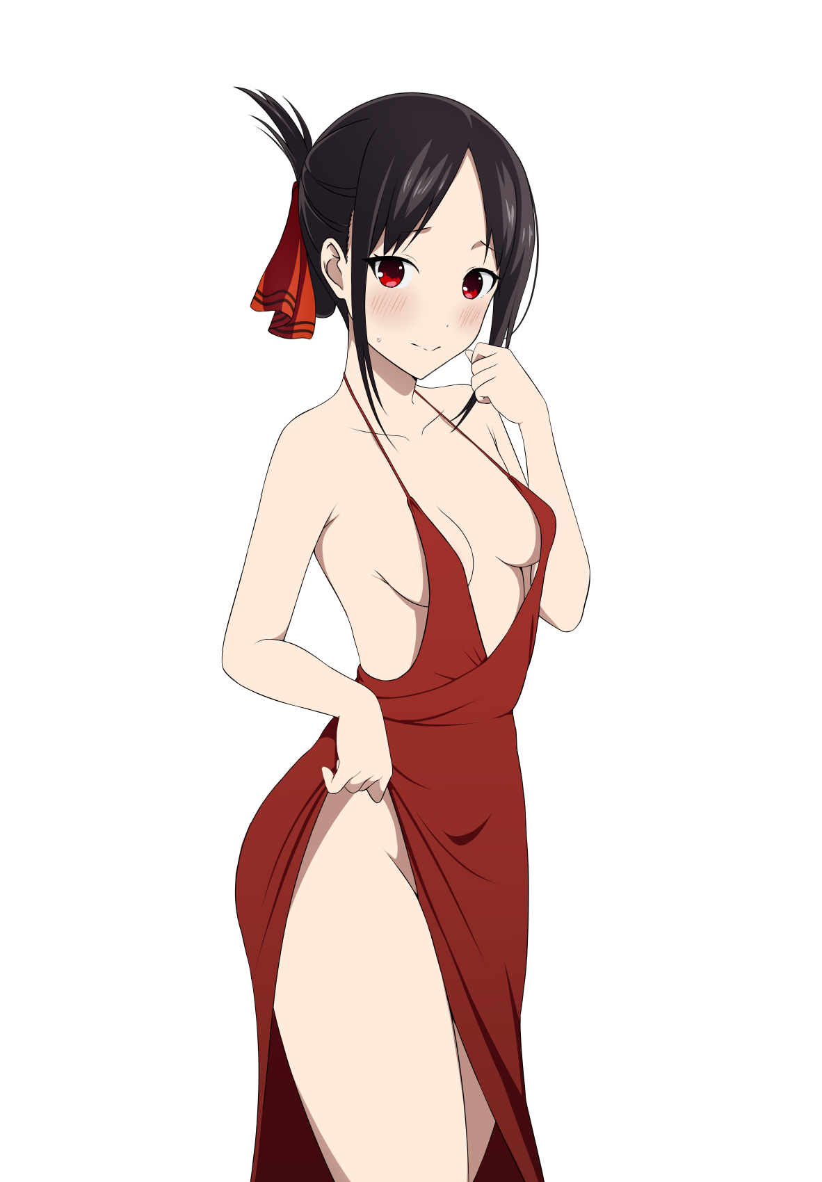 1girls, black hair, blush, breasts, coro fae, dress, eye contact, female, female only, fully clothed, kaguya-sama wa kokurasetai ~tensai-tachi no renai zunousen~, light skin, looking at viewer, no bra, no panties, red eyes, shinomiya kaguya, small breasts, solo, solo female, thick thighs, thighs, white background, younger female