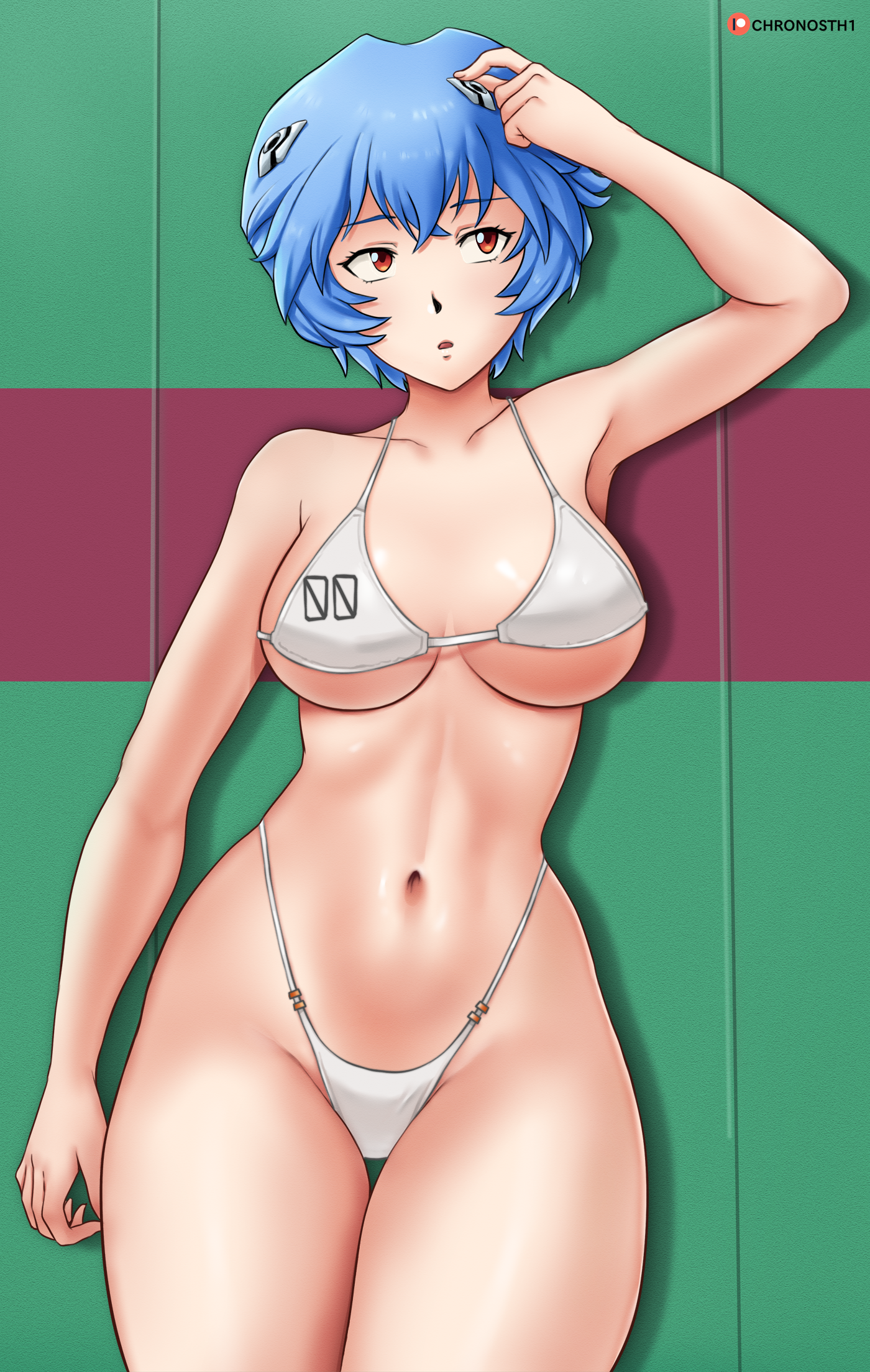 1girls, alternate breast size, armpits, big breasts, bikini, blue hair, breasts, busty, child bearing hips, chronosth1, female, female only, gummslime, high waisted thong, large breasts, light skin, micro bikini, navel, neon genesis evangelion, red eyes, rei ayanami, short hair, solo, solo female, standing, thick thighs, thighs, thong, thong bikini, voluptuous, wide hips