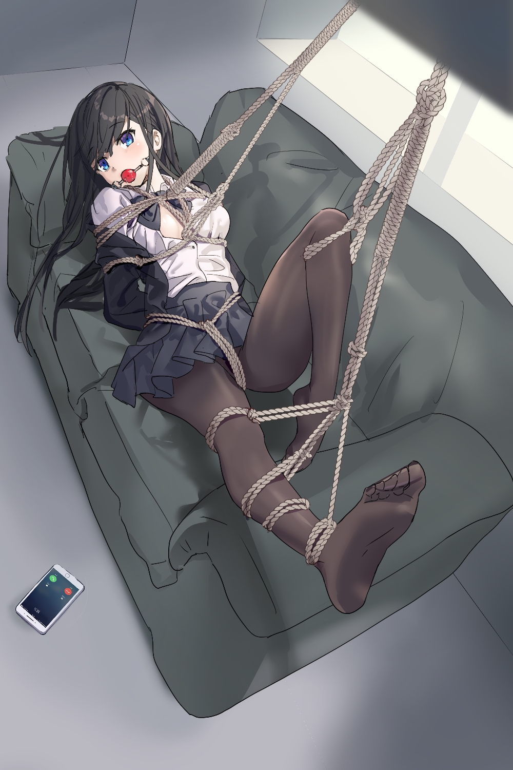 1girls, artist request, black hair, black legwear, blue eyes, bondage, bound, drooling, feet up, female, gag, gagged, pantyhose, phone, phone call, phone screen, red ball gag, rope, rope bondage, ropes, school, school uniform, schoolgirl, schoolgirl uniform, sofa