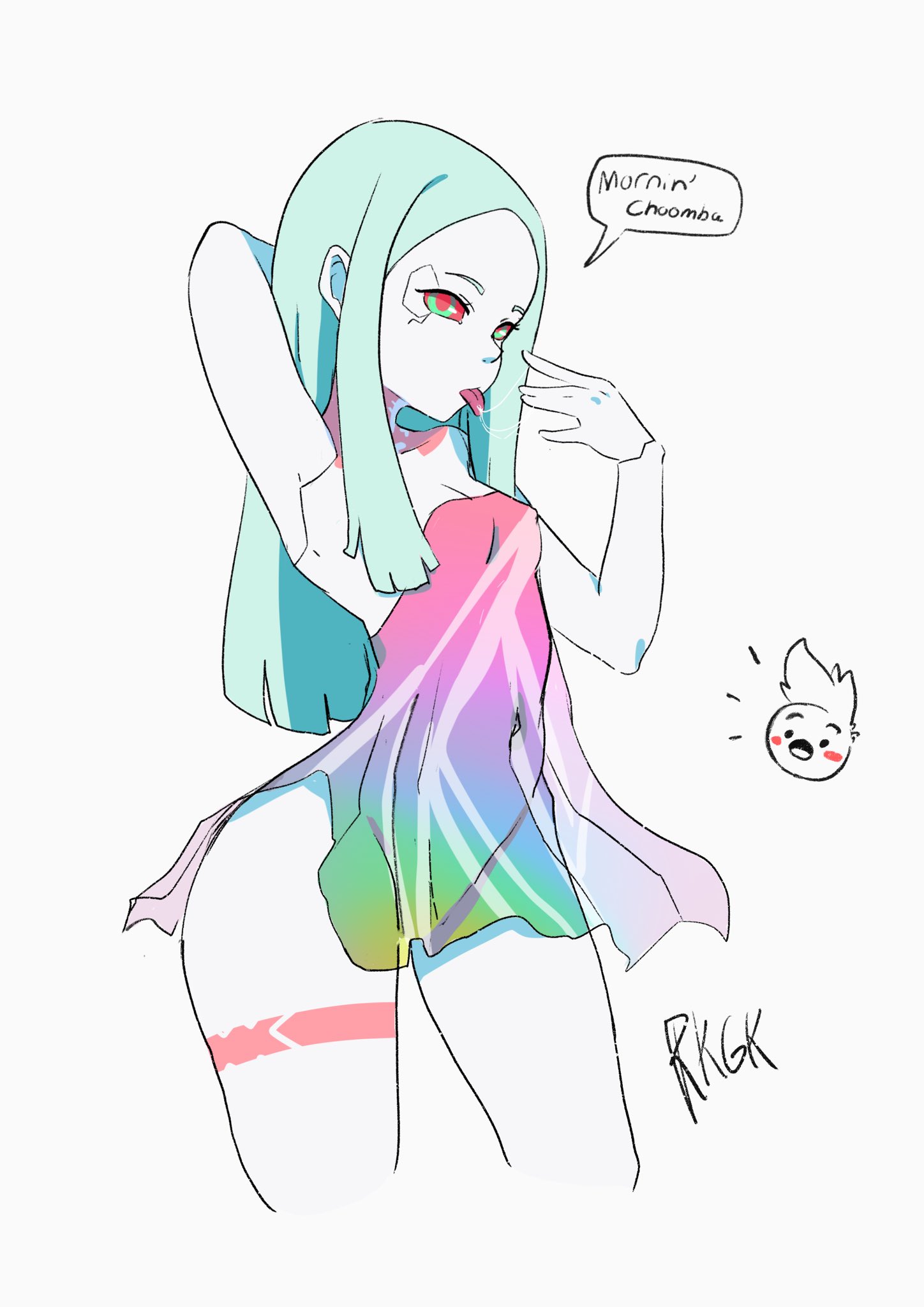 1boy, 1girls, body markings, breasts, casual, cd projekt red, clothing, cybernetics, cyberpunk 2077, cyberpunk: edgerunners, cyborg, david martinez (edgerunners), english text, female, foxxarius, green eyes, human, male, netflix, nipple bulge, nonsexual, pale skin, rebecca (edgerunners), red sclera, small breasts, small nose, smaller female, standing, studio trigger, text, white background