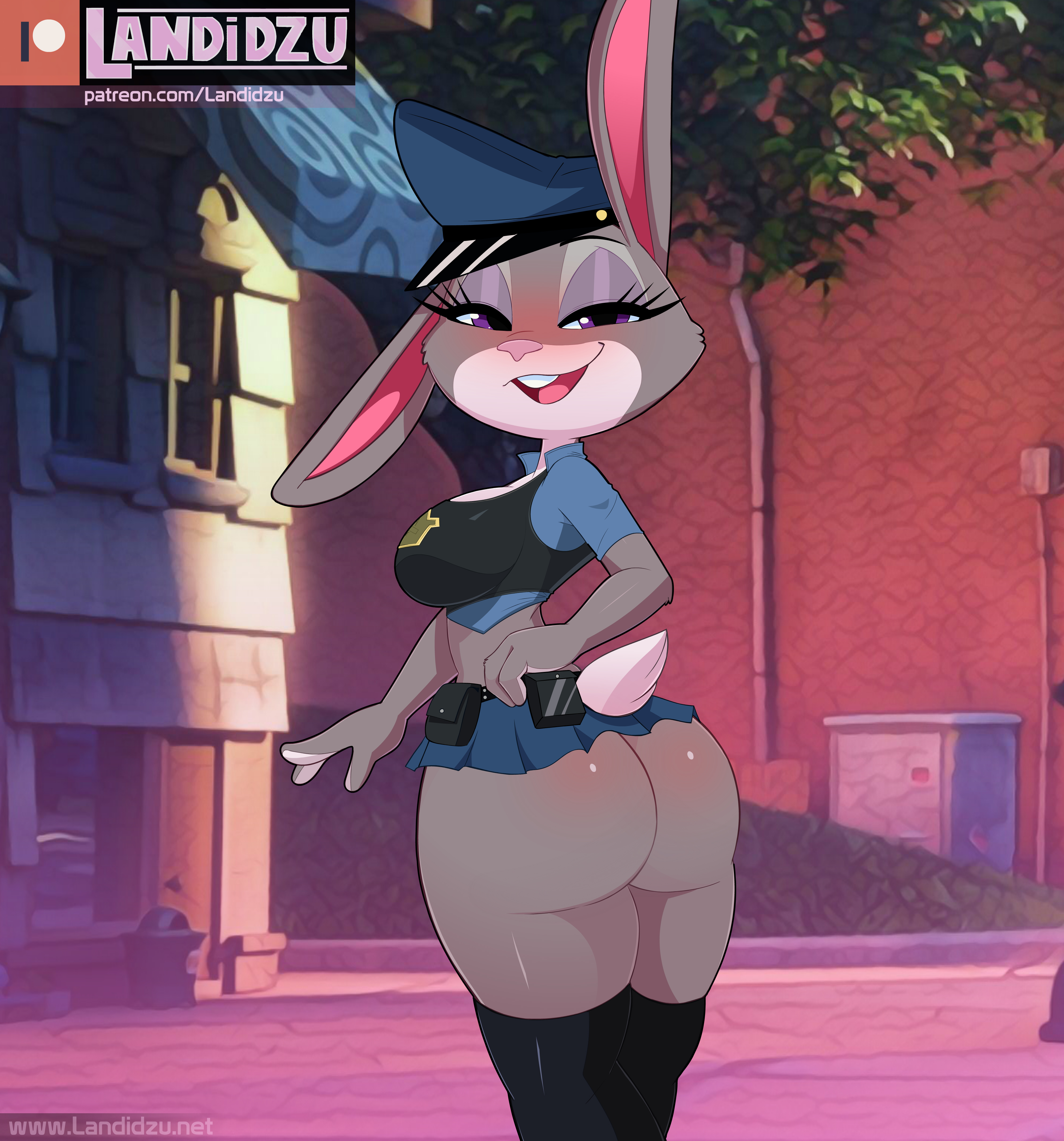 1girls, anthro, ass, big breasts, blush, breasts, bunny ears, bunny tail, clothing, disney, eye contact, female, female only, furry, grey fur, half-closed eyes, judy hopps, landidzu, legwear, looking at viewer, medium breasts, miniskirt, pixar, police hat, police uniform, policewoman, purple eyes, sideboob, skirt, solo, solo female, standing, stockings, thick thighs, thighhighs, thighs, upskirt, zootopia
