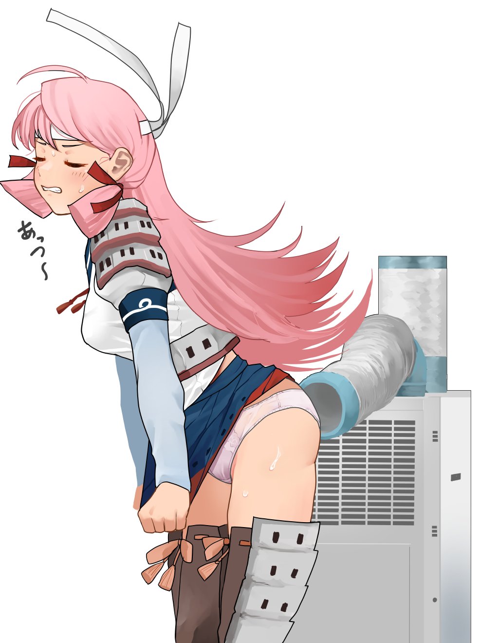 air_conditioner akashi_(kantai_collection) armor ass bandana blue_skirt blunt_tresses closed_eyes clothes_lift female hair_ribbon highres hip_vent kantai_collection long_hair long_sleeves panties pink_hair pleated_skirt ribbon school_uniform serafuku skirt skirt_lift solo thighhighs tooku_nomura_(artist) tress_ribbon underwear