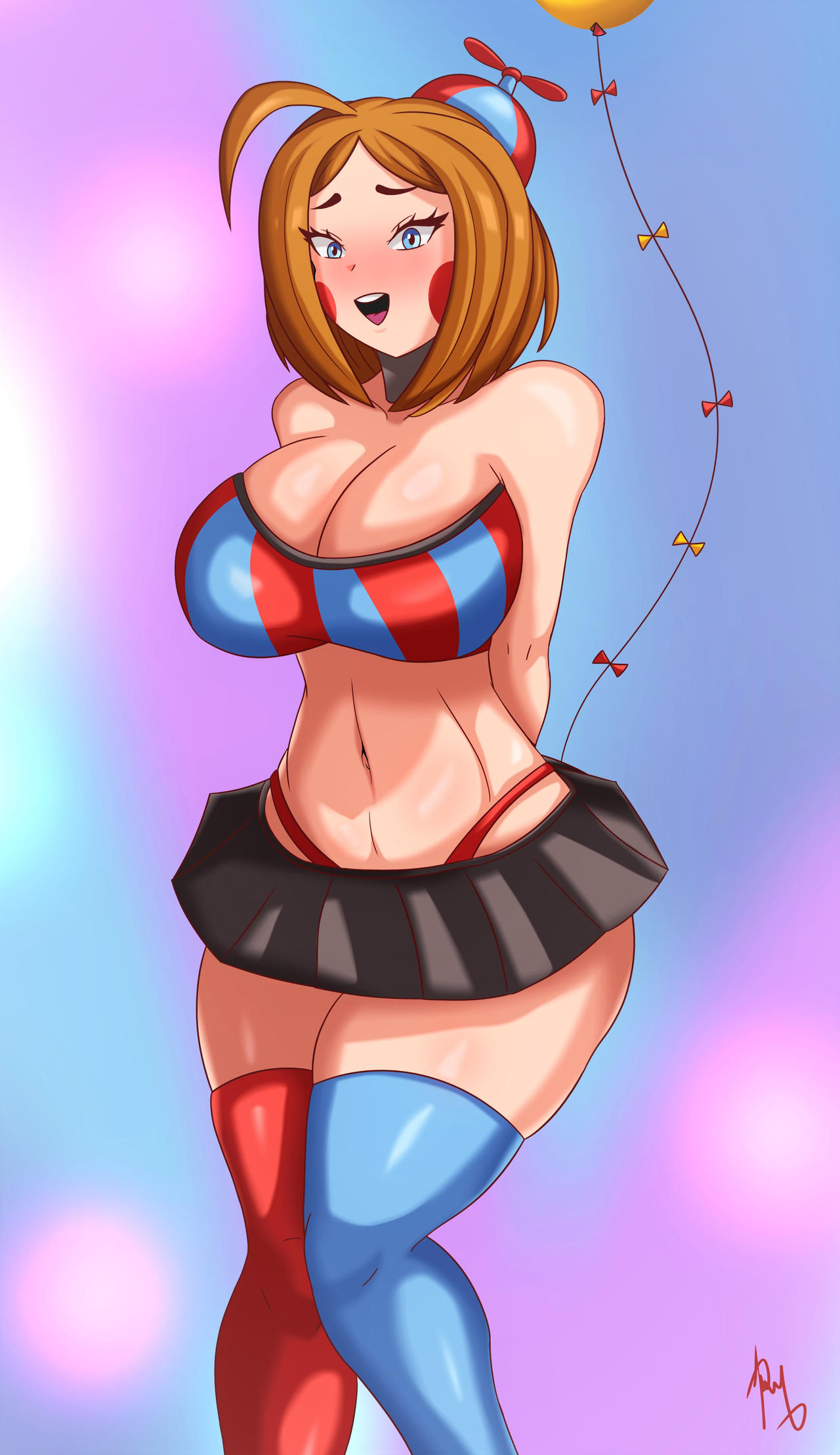 1girls, balloon babe (fnia), balloon boy (fnaf), blue eyes, bra, breasts, brown hair, female, female only, five nights at freddy's, five nights in anime, legwear, panties, purplehorny, skirt, solo, tagme