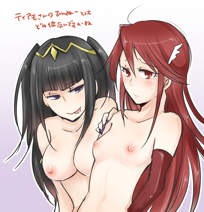 2girls :p black_eyes black_hair blush completely_nude_female cordelia_(fire_emblem) elbow_gloves female female_only fire_emblem fire_emblem_awakening gradient_background hand_on_shoulder headdress japanese_text looking_at_viewer medium_breasts multiple_girls nintendo red_eyes red_hair shougayaki_(kabayaki_3) small_breasts smile sweat text tharja_(fire_emblem) tongue_out translation_request very_long_hair wing_hair_ornament yuri