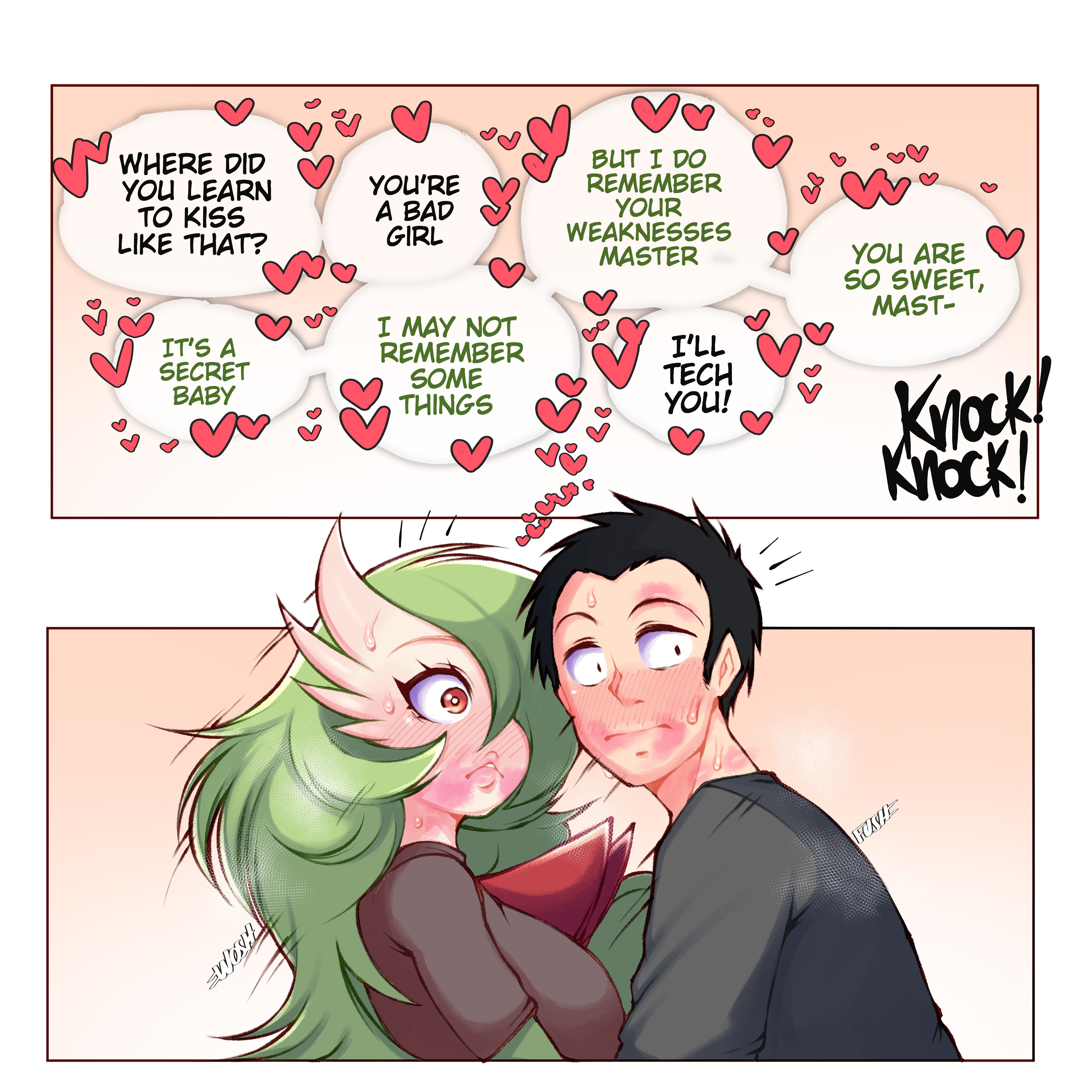 blush, blushing, dialogue, english, english text, female, female gardevoir, female pokemon, gardevoir, green hair, hearts, human, human on pokemon, kiss mark, male, master, mega gardevoir, onomatopoeia, pale skin, pokemon, pokemon (species), red eyes, saltyxodium, speech bubble, surprised, surprised expression, sweating, trainer/pokemon
