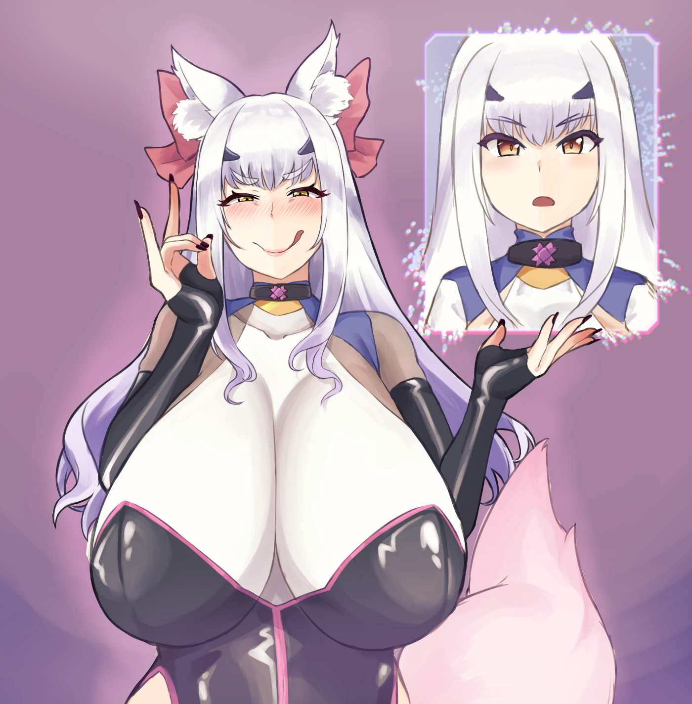 1girls, alternate body type, alternate breast size, alternate costume, assimilation, before and after, big breasts, blush, bodysuit, brainwashed, brainwashing, breast expansion, breast growth, breasts, busty, collar, curvaceous, curvy, curvy body, curvy female, curvy figure, enemy conversion, fairy knight lancelot (fate), fate (series), fate/grand order, female, female focus, fox ears, fox tail, hell2heimu, huge breasts, hypnosis, identity death, kitsune, koyanskaya (fate), large breasts, latex, long hair, massive breasts, melusine (fate), mind control, naughty, naughty face, naughty smile, personality change, possessed, possession, solo, takeover, tongue out, transformation, twinning, voluptuous