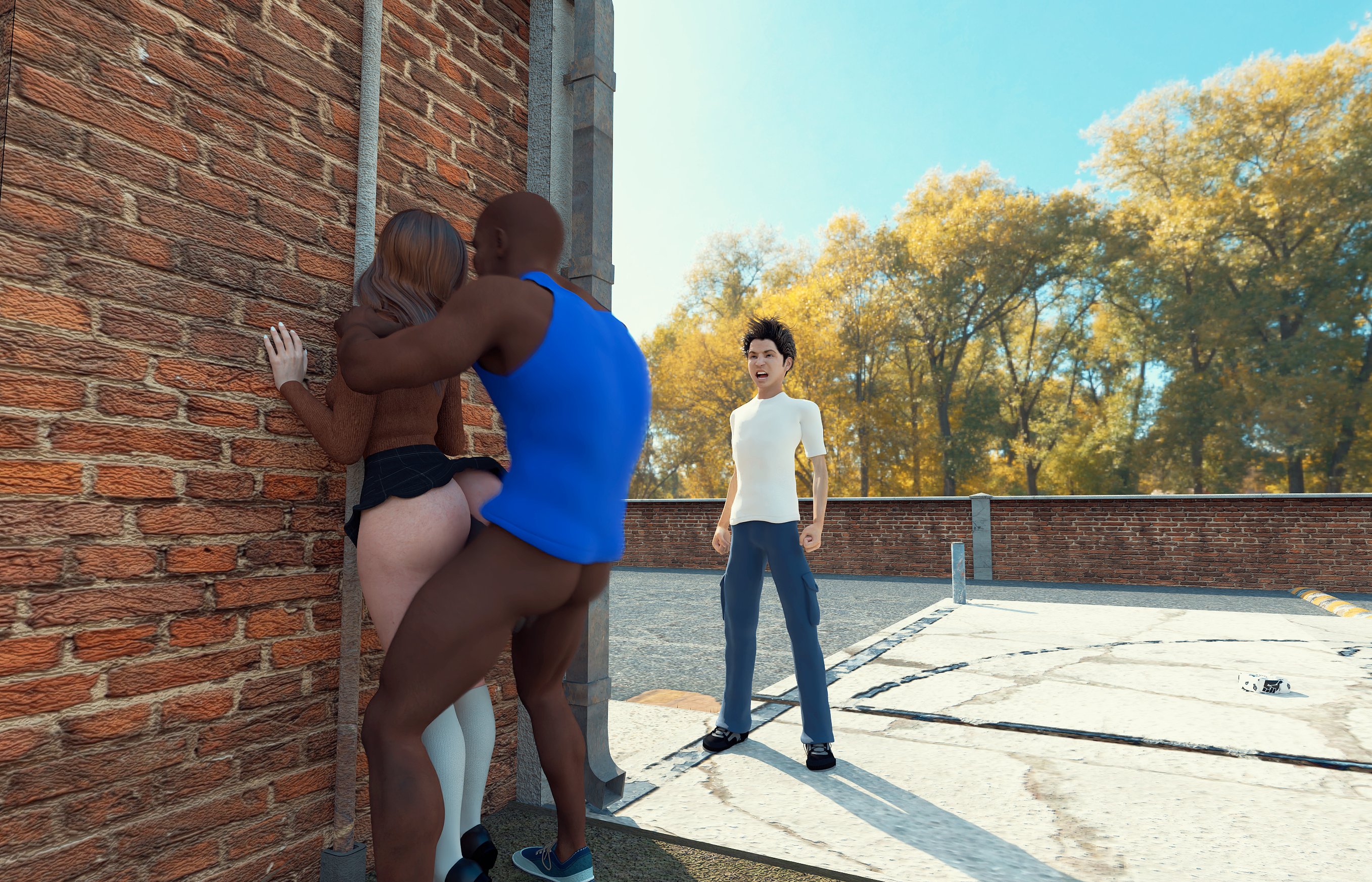 3d, antonny (moiarte), big penis, cheating, cheating girlfriend, clara (moiarte), dark skin, dark-skinned male, exhibition, exhibitionism, exhibitionist, exposed, female, flashing, from behind, male, moiarte, netorare, outdoors, outside, penis, public, public exposure, public nudity, public use, red hair, school uniform, voyeur, voyeurism