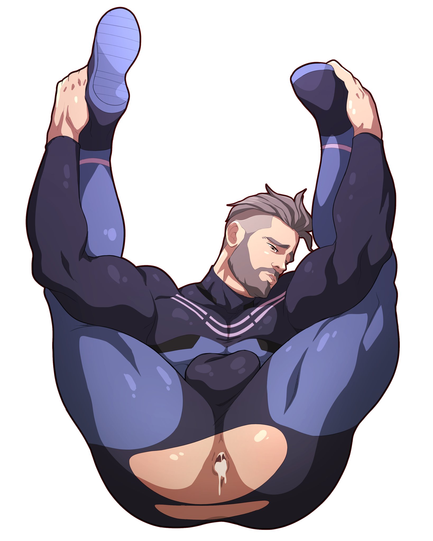 ass, bara, cum, cum in ass, cum inside, cum leaking, dkmate, hole (anatomy), leaking cum, legs up, looking at viewer, male, male only, muscles, muscular, muscular male, pokemon, pokemon sv, professor turo, ripped pants, spread legs, thick thighs, yaoi