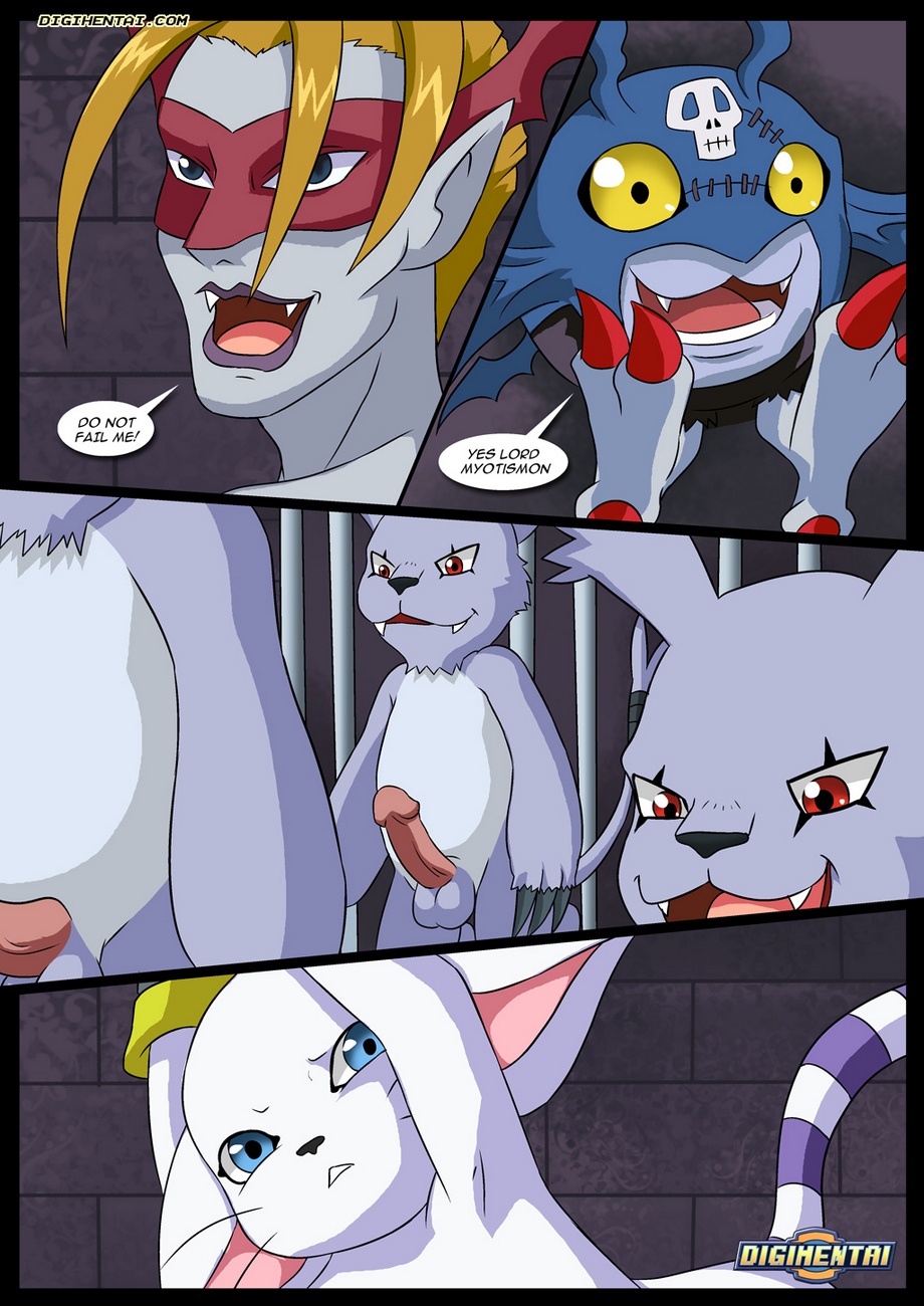 balls bbmbbf blue_eyes demidevimon digihentai digimon digimon_(species) english_text gatomon gatomon_the_slave gazimon palcomix penis red_eyes speech_bubble vamdemon yellow_eyes