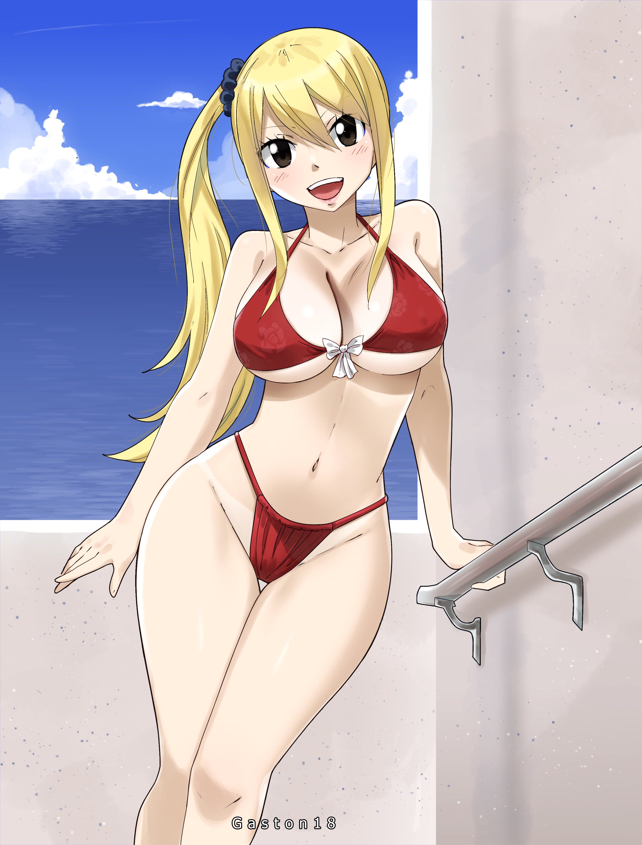 1girls, absurd res, big breasts, bikini, bikini bottom, blonde hair, blonde-haired female, breasts, brown eyes, fairy tail, female, female only, gaston18, hi res, highres, linea alba, long hair, looking at viewer, lucy heartfilia, open mouth, red bikini, smile, swimsuit, water