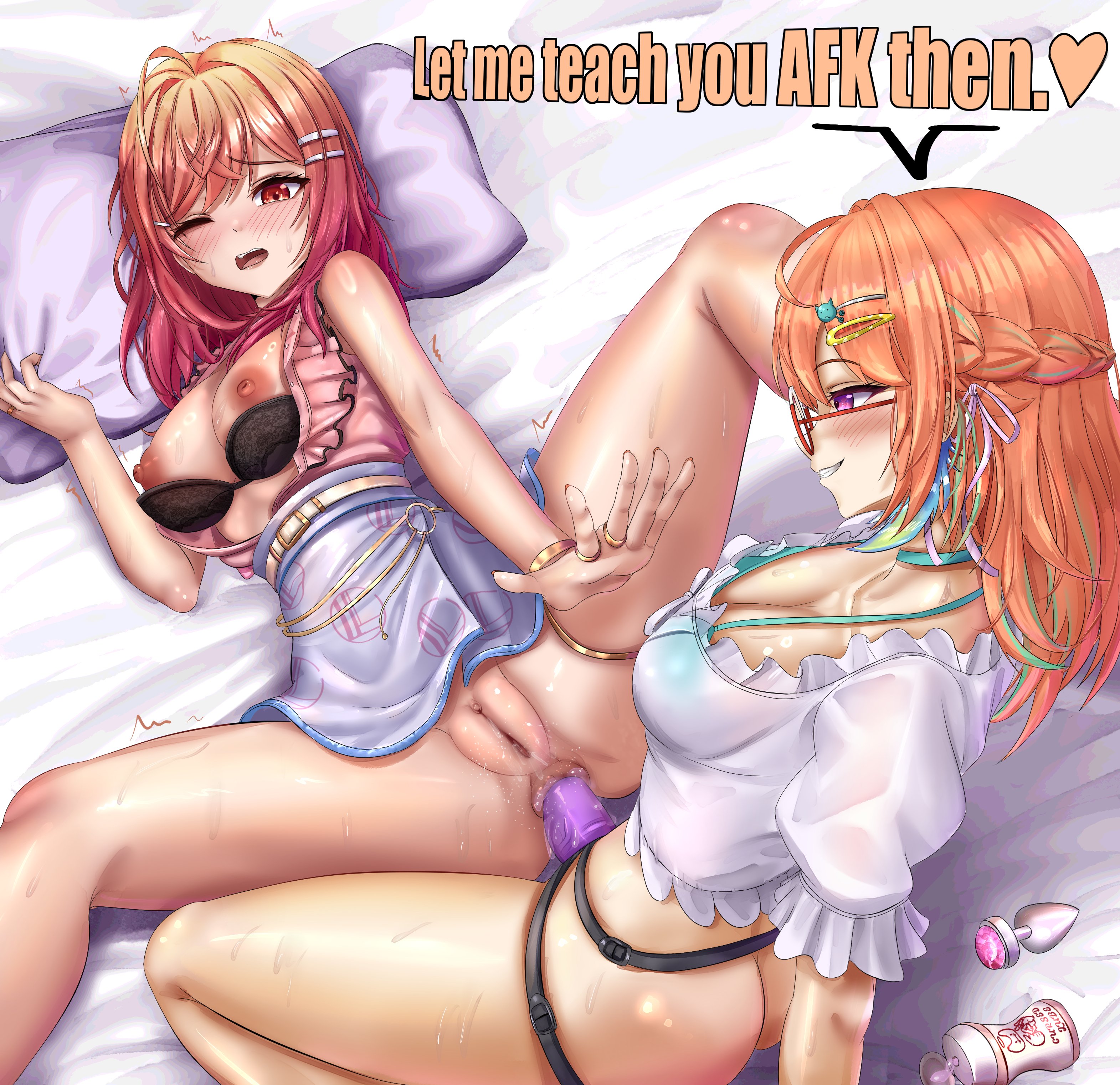 2girls, anal, anal insertion, anal object insertion, anal penetration, anal sex, anus, ass, big breasts, blush, bottomless, bra, bra pull, breasts, breasts out, buttplug, clothing, colored tips, cursedcito, english text, feet out of frame, female, female only, glasses, green hair, green highlights, hololive, hololive dev is, hololive english, hololive myth, hololive regloss, ichijou ririka, large breasts, long hair, looking at another, looking at partner, lube, lube bottle, multicolored hair, multiple girls, nipples, one eye closed, open clothes, open mouth, open shirt, orange eyes, orange hair, purple eyes, pussy, reclining, sex toy, shirt, skirt, skirt lift, strap-on, strapon, streaked hair, sweat, sweatdrop, takanashi kiara, takanashi kiara (2nd costume), text, two-tone hair, uncensored, virtual youtuber, yuri