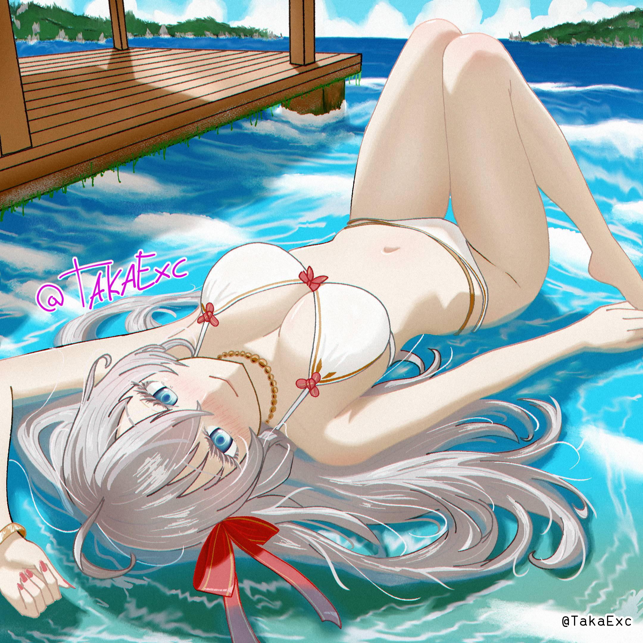 1girls, 2d, 2d (artwork), 2d artwork, alisa mikhailovna kujou, arm above head, arm up, bare arms, bare belly, bare calves, bare chest, bare hands, bare hips, bare knees, bare legs, bare midriff, bare navel, bare shoulders, bare skin, bare thighs, belly, belly button, big boobs, big breasts, bikini, bikini bottom, bikini only, bikini top, blue eyes, blue sky, blue-eyed female, blush face, blush lines, blushing, blushing at viewer, blushing female, blushing lines, breasts, busty, busty female, busty girl, busty teen, busty teenager, calves, cleavage, closed mouth smile, clouds, collarbone, curvaceous, curvaceous body, curvaceous female, curvaceous figure, curvaceous hips, curvaceous teenager, curvy, curvy body, curvy female, curvy figure, curvy hips, curvy teen, day, daylight, daytime, digital, digital art, digital drawing, digital drawing (artwork), digital media, digital media (artwork), drawing, e-cup breasts, elbows, exposed, exposed arms, exposed belly, exposed chest, exposed hips, exposed legs, exposed midriff, exposed navel, exposed shoulders, exposed skin, exposed thighs, feet, female, female focus, female only, fingernails, fingers, flushed, flushed face, from above, front-tie bikini, front-tie bikini top, full body, groin, hair between eyes, hair ribbon, hair tie, half naked, half nude, halterneck, hand above head, hand up, high resolution, high school student, highres, horizon, hourglass figure, inguinal crease, inguinal ligament, knee up, knees, knees up, large boobs, large breasts, lean figure, legs, long hair, looking at viewer, looking up, looking up at viewer, lying, lying down, lying on back, lying on floor, lying on ground, midriff, nail polish, nails, naked, naked female, naked woman, narrow waist, navel, necklace, nude, nude female, nudity, ocean, on back, on floor, outdoor, outdoor nudity, outdoors, outside, partially undressed, posing, posing for the viewer, posing naked, posing nude, red fingernails, red hair ribbon, red hair tie, red nail polish, red nails, red ribbon, ribbon, russian female, school girl, sea, seaside, semi nude, shoulders, silver hair, silver hair female, silver-haired female, sky, slender body, slender waist, slim female, slim waist, smile, smiley face, smiling, smiling at viewer, solo, string bikini, swimsuit, swimwear, takaexc, teen girl, teenage girl, teenage tits, teenager, thigh gap, thighs, three-quarter view, tokidoki bosotto russian de dereru tonari no alya-san, viewed from above, voluptuous, voluptuous body, voluptuous female, voluptuous figure, voluptuous teenager, voluptuous woman, water, white bikini, white bikini bottom, white bikini top, white swimsuit, white swimwear, wide hips, young female, young woman