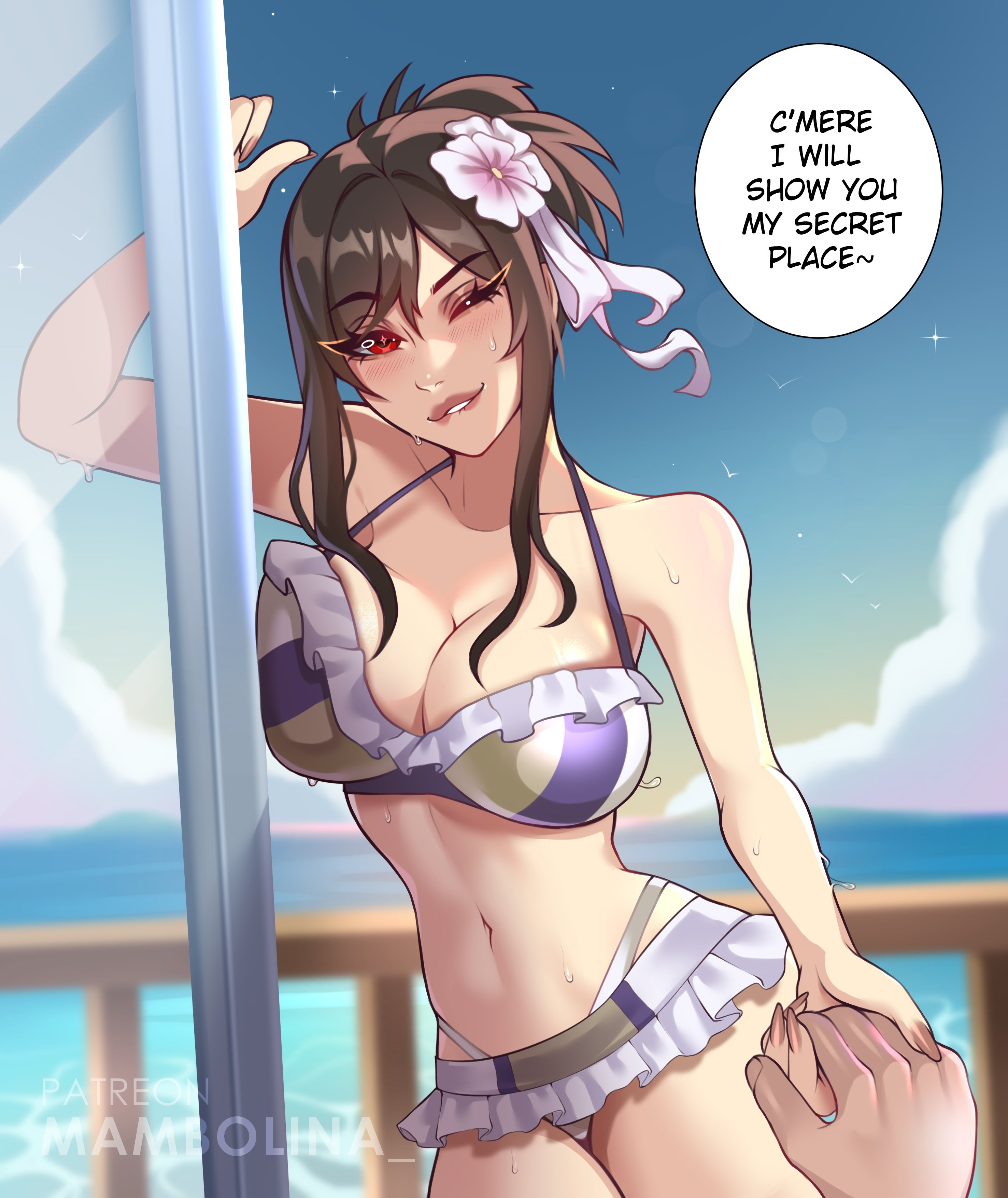 1girls, 2024, 2d, 2d (artwork), artist name, beautiful woman, big breasts, bikini, biting lip, biting own lip, black hair, breast press, breasts, cleavage, curvy, curvy body, curvy female, curvy figure, dialogue, english text, female, female focus, final fantasy, final fantasy vii, flower, flower in hair, hair, hair ornament, hand holding, hi res, holding hands, light skin, light-skinned female, long hair, mambolina, microskirt, multicolored bikini, navel, offscreen character, offscreen male, patreon, patreon username, red eyes, seductive, skirt, solo, solo female, solo focus, square enix, swim skirt, swimsuit, tagme, text, tifa lockhart, tifa lockhart (shining spirit), watermark, wet, wet body, wet skin, white flower, white microskirt, wholesome, wholesome as fuck, wink