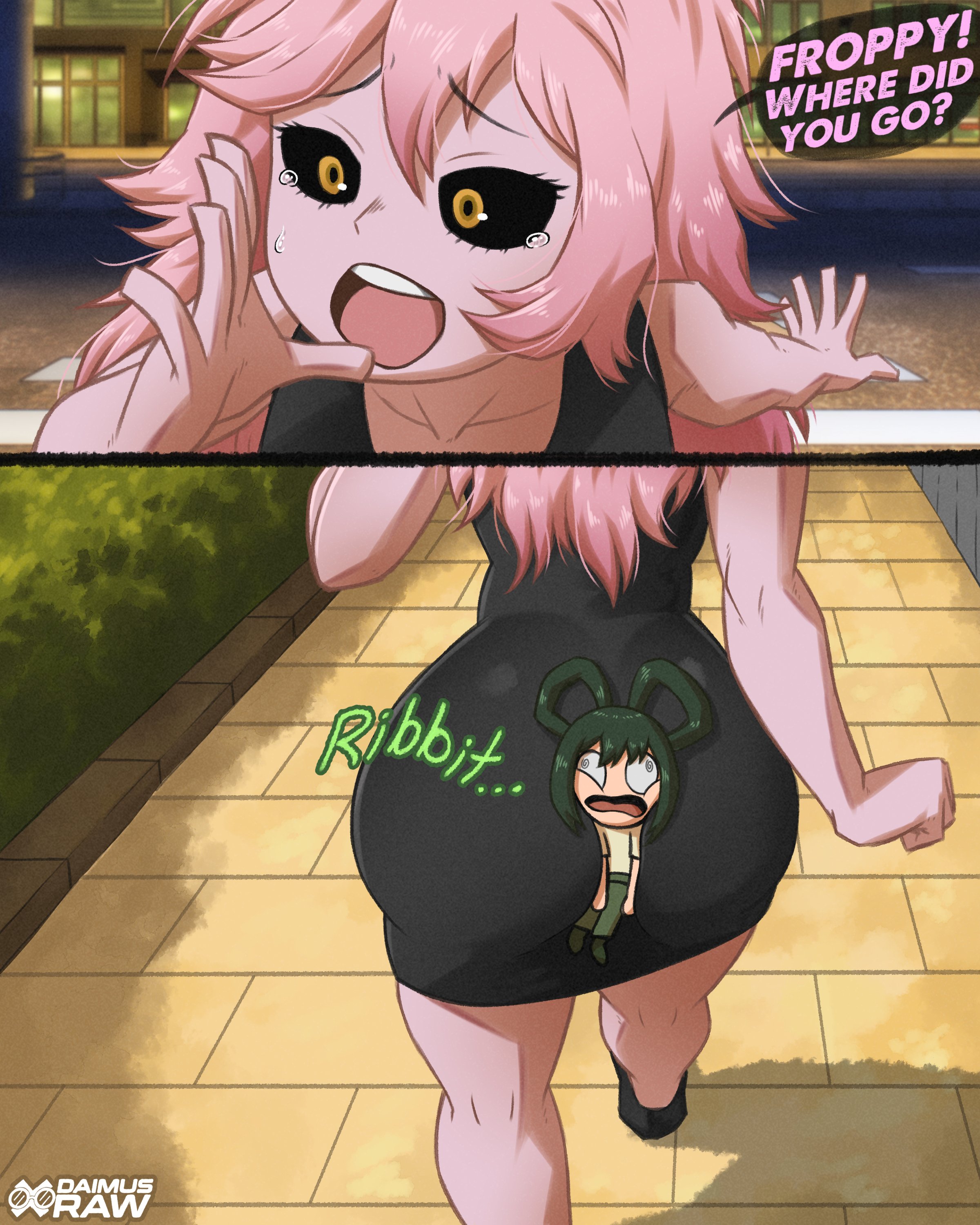 2girls, ashido mina time-skip, ass, boku no hero academia, daimusraw, dress, female, female focus, female only, female thick thighs, large ass, long hair, mina ashido, mina ashido curvy (meme), mina ashido time-skip, my hero academia, my hero academia (finale), pink body, pink hair, pink-haired female, post-timeskip, thick thighs, thighs, tsuyu asui, wide hips
