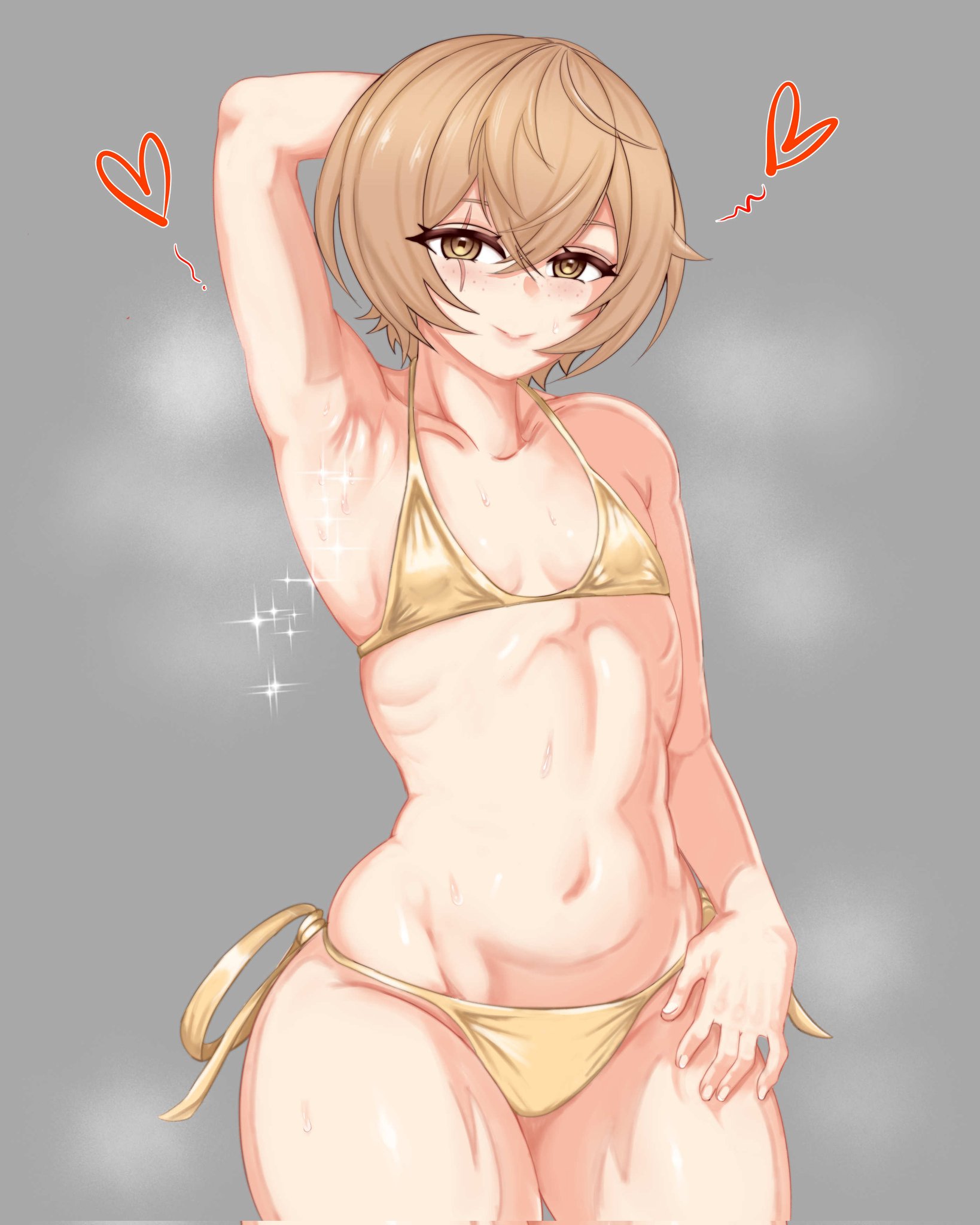 1girls, 2026, 2d, 2d (artwork), 2d artwork, armpit, armpit fetish, armpits, blush, blushing, brown eyes, brown hair, clio aite, flat chest, flat chested, golden bikini, heart, light skin, light-skinned female, looking at viewer, musk, phase connect, phase invaders quest, scar, scar across eye, short hair, small breasts, sweat, sweatdrop, sweating, sweaty, sweaty armpits, takyon, virtual youtuber, wide hips