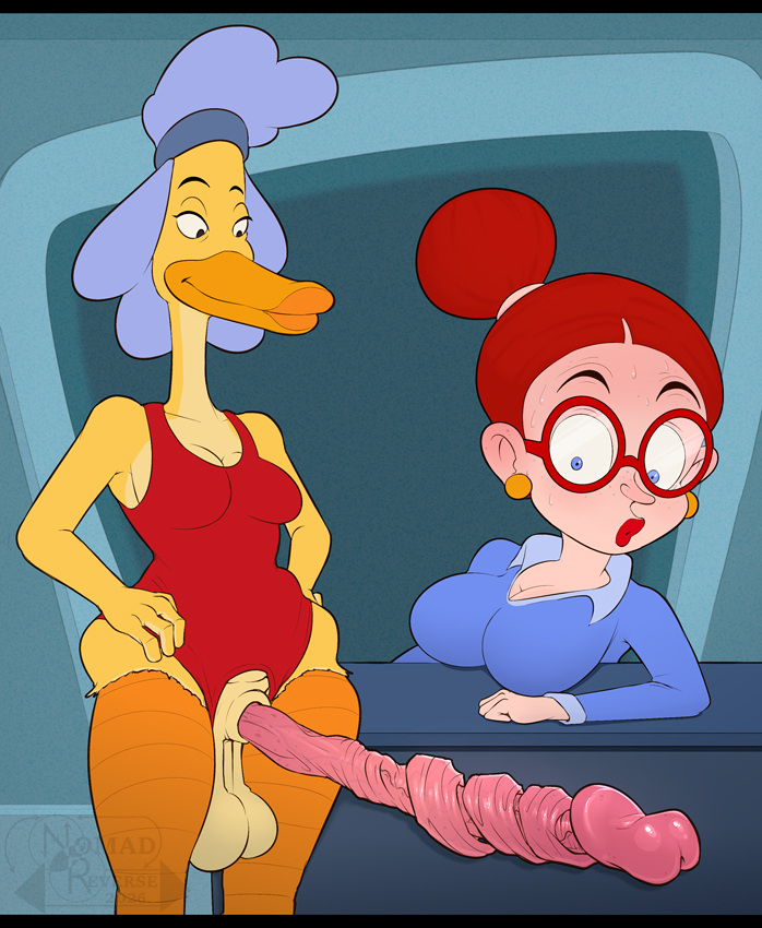 anthro, anthro on human, bernice hufnagel, big penis, breasts, cock shock, corkscrew penis, duck, duckman, female, furry, futa on female, futanari, glasses, hybrid penis, leotard, long penis, monster cock, nomad reverse, penis, red hair