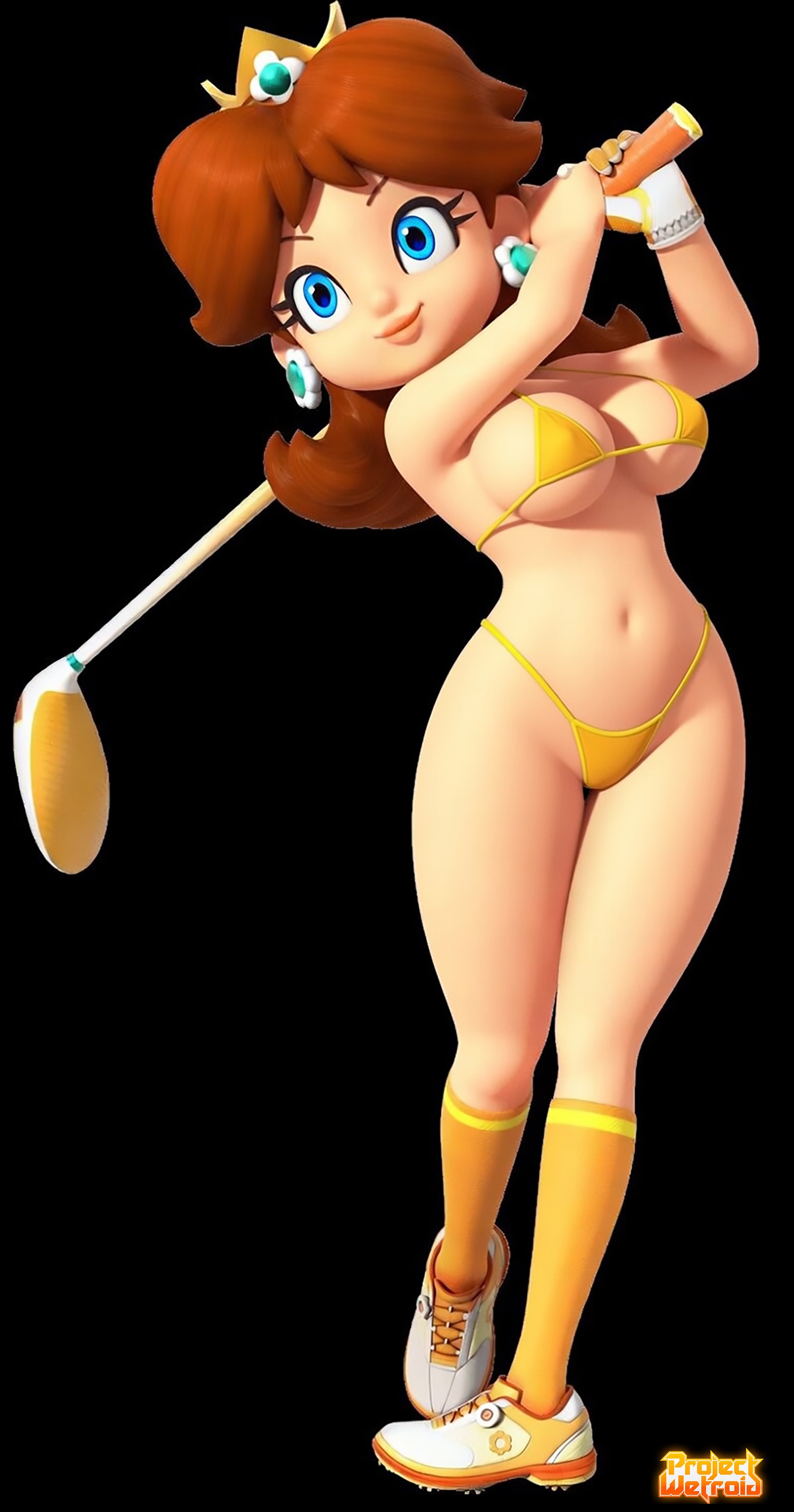 1girls, 3d, bikini, breasts, curvy, female, hi res, mario (series), mario golf, medium breasts, micro bikini, navel, nintendo, nipple bulge, official style, princess daisy, projectwetroid, socks, solo, swimsuit, thick thighs, thong, thong bikini, wide hips