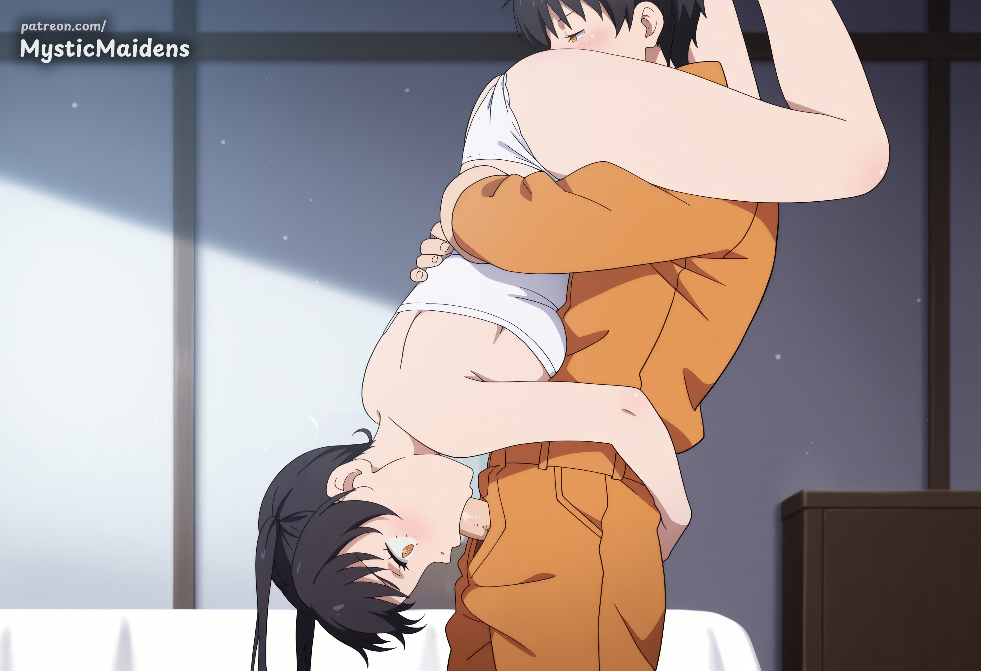 1boy, 1girl, 69, ai generated, anime, anime style, artist name, black hair, blush, breasts, en'en no shouboutai, enen no shouboutai, fellatio, fire force, from side, hentai, hetero, hi res, hug, indoors, jumpsuit, kotatsu tamaki, long hair, mystic maidens, oral, orange eyes, orange jumpsuit, panties, pants, patreon, patreon username, penis, shirt, short hair, tamaki kotatsu, twintails, underwear, upside-down, white panties, yellow eyes