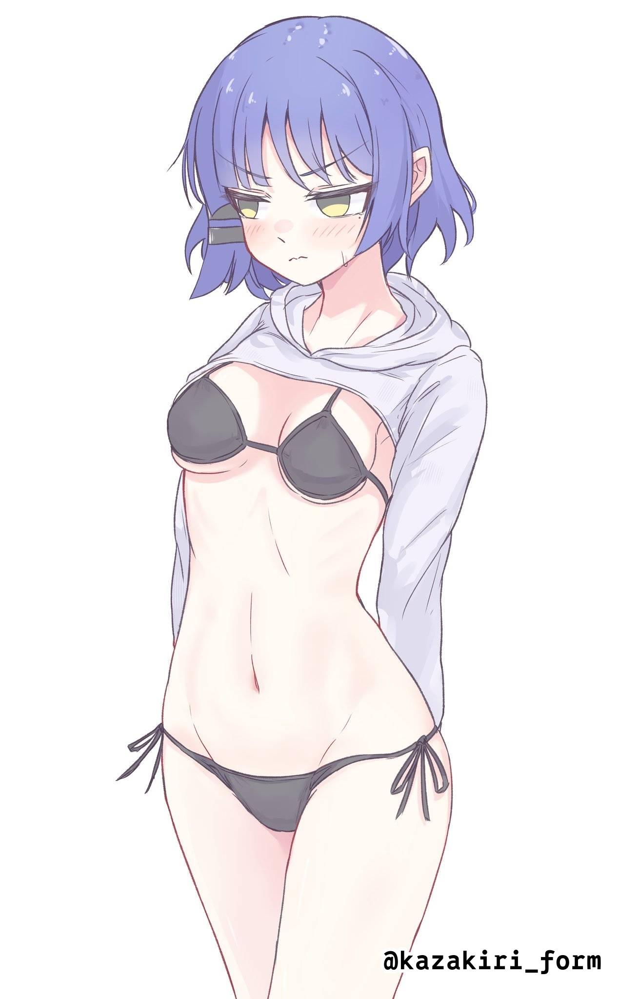 1girls, 2d, 2d (artwork), 2d artwork, angry, angry expression, angry eyebrows, angry face, arm behind back, arms behind back, average breasts, bare belly, bare hips, bare legs, bare midriff, bare navel, bare skin, bare thighs, belly, belly button, bikini, bikini bottom, bikini top, black bikini, black bikini bottom, black bikini top, black swimsuit, black swimwear, blue hair, blue-haired female, blush face, blush lines, blushing, blushing female, blushing lines, bocchi the rock!, breasts, breasts apart, curvaceous, curvaceous body, curvaceous female, curvaceous figure, curvaceous hips, curvaceous teenager, curvy, curvy body, curvy female, curvy figure, curvy hips, curvy teen, digital, digital art, digital drawing, digital drawing (artwork), digital media, digital media (artwork), drawing, exposed belly, exposed hips, exposed legs, exposed midriff, exposed navel, exposed skin, exposed thighs, eyebrows visible through hair, female, female focus, female only, fit female, flushed, flushed face, frown, frown eyebrows, frowning, green eyes, green-eyed female, groin, hair clip, hair clips, hairclip, hairclips, halterneck, hand behind back, hands behind back, high resolution, high school student, highres, hourglass figure, inframammary fold, inguinal crease, inguinal ligament, kazakiri form, lean figure, linea alba, looking sideways, looking to the side, medium breasts, midriff, mole, mole under eye, narrow waist, navel, school girl, scowl, short hair, shoulders, side-tie bikini, simple background, slender body, slender waist, slim female, slim waist, solo, standing, stomach, string bikini, swimsuit, swimwear, teen girl, teenage girl, teenager, thighs, upper body, voluptuous, voluptuous body, voluptuous female, voluptuous figure, voluptuous teenager, voluptuous woman, white background, wide hips, yamada ryou, young female, young woman