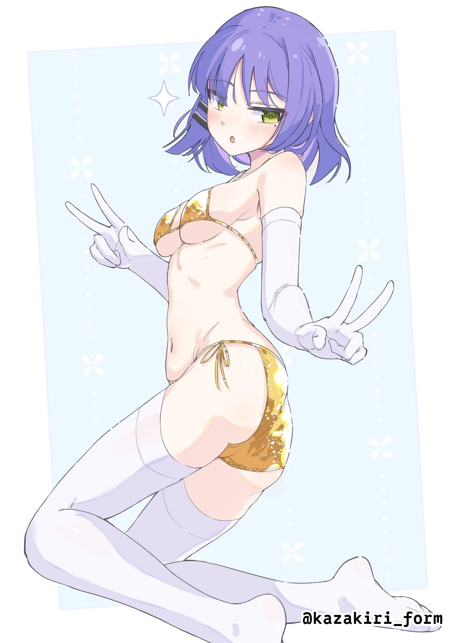 :o, 1girls, 2d, 2d (artwork), 2d artwork, ass, average breasts, bare belly, bare hips, bare midriff, bare navel, bare shoulders, bare skin, belly, belly button, bikini, bikini bottom, bikini top, blue background, blue hair, blue-haired female, bocchi the rock!, breasts, calves, digital, digital art, digital drawing, digital drawing (artwork), digital media, digital media (artwork), double peace sign, double v sign, drawing, elbow gloves, exposed, exposed belly, exposed hips, exposed midriff, exposed navel, exposed shoulders, exposed skin, female, female focus, female only, fingers, full body, gloves, gold bikini, gold bikini bottom, gold bikini top, gold swimsuit, gold swimwear, golden week, golden week bikini, green eyes, green-eyed female, groin, hair clip, hair clips, hairclip, hairclips, half naked, half nude, halterneck, head tilt, high resolution, high school student, highres, inframammary fold, kazakiri form, kneeling, kneeling female, knees, lean figure, legs, legwear, long gloves, looking at viewer, looking down, looking down at viewer, looking sideways, looking to the side, medium breasts, midriff, mole, mole on body, mole on cheek, mole on face, mole under eye, naked, naked female, naked woman, narrow waist, navel, nude, nude female, nudity, open mouth, parted lips, partially undressed, peace sign, posing, posing for the viewer, posing naked, posing nude, school girl, schoolgirl, semi nude, short hair, shoulders, side-tie bikini, sideboob, sign, simple background, slender body, slender waist, slim female, slim waist, solo, stockings, string bikini, swimsuit, swimwear, teen girl, teenage female, teenage girl, teenage nipples, teenage tits, teenager, thigh highs, thighhighs, thighs, tilted head, tongue, underboob, v, v sign, white elbow gloves, white gloves, white legwear, white long gloves, white stockings, white thigh highs, white thighhighs, yamada ryou, young female, young woman