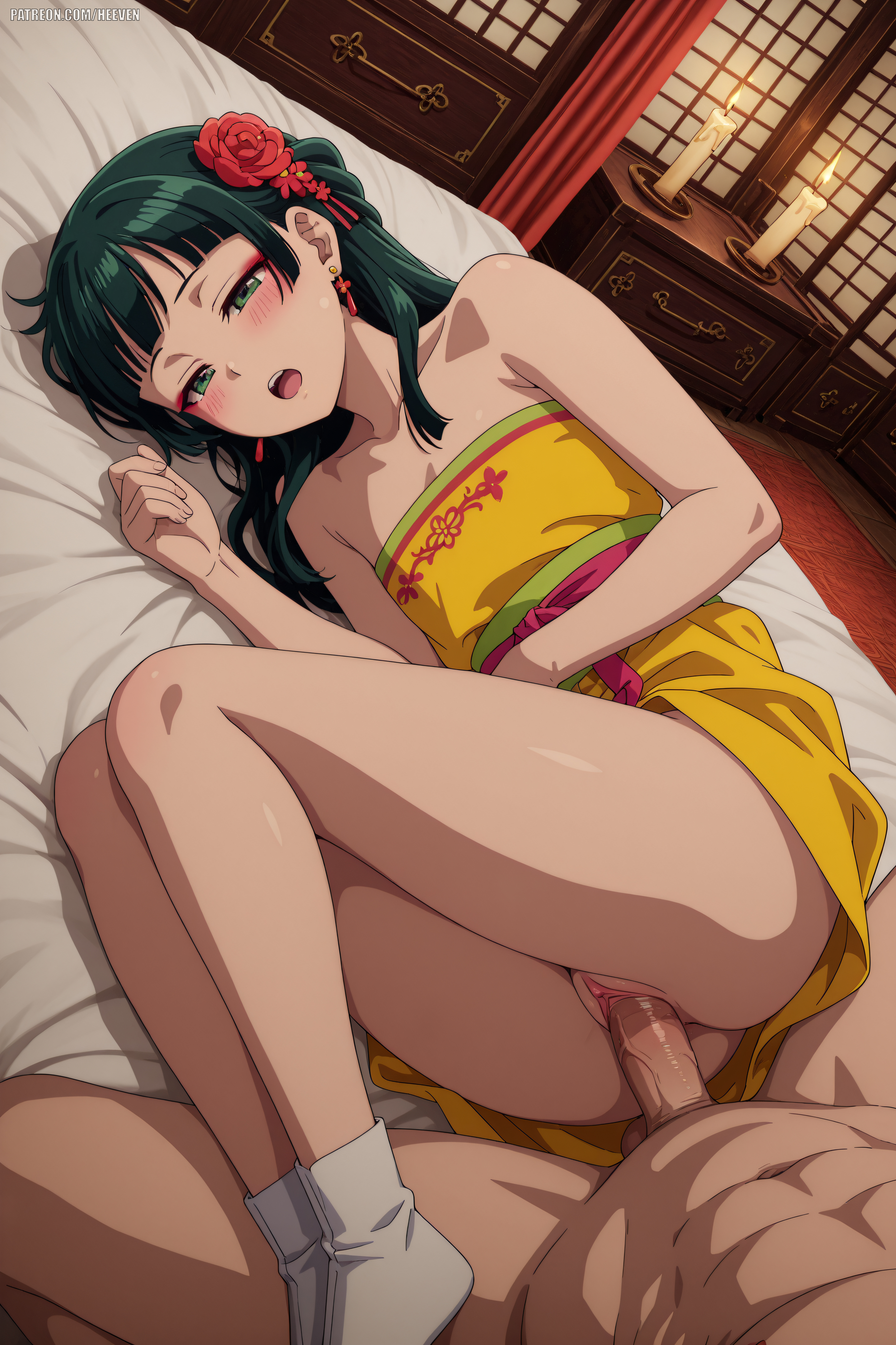 1boy, absurdres, adult, ai generated, big breasts, breasts, from side, heeven, highres, juicy pussy, kusuriya no hitorigoto, maomao (kusuriya no hitorigoto), mature, missionary position, missionary sex, on side, patreon, patreon username, penis in pussy, perfect body, perfect pussy, uncensored