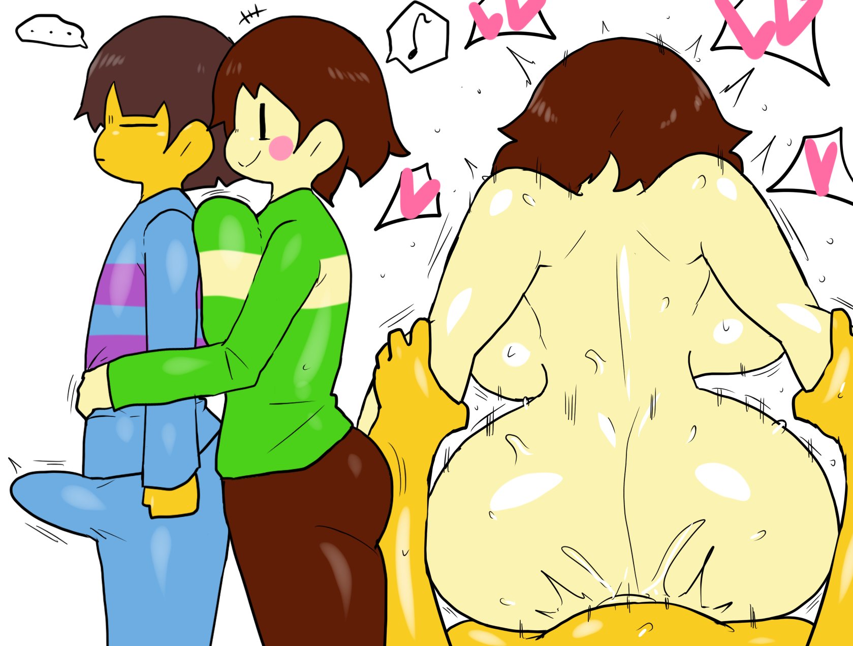 1boy, 1girls, arms behind back, ass, big ass, big breasts, big penis, breast press, breasts, brown hair, bulge, bulge through clothing, chara, charisk, clothing, doggy style, enigi09, erection, erection under clothing, female, female chara, frisk, from behind, instant loss 2koma, male, male frisk, penis, pussy, pussy juice, sex, spoken heart, spoken musical note, undertale, undertale (series), vaginal penetration, yellow body