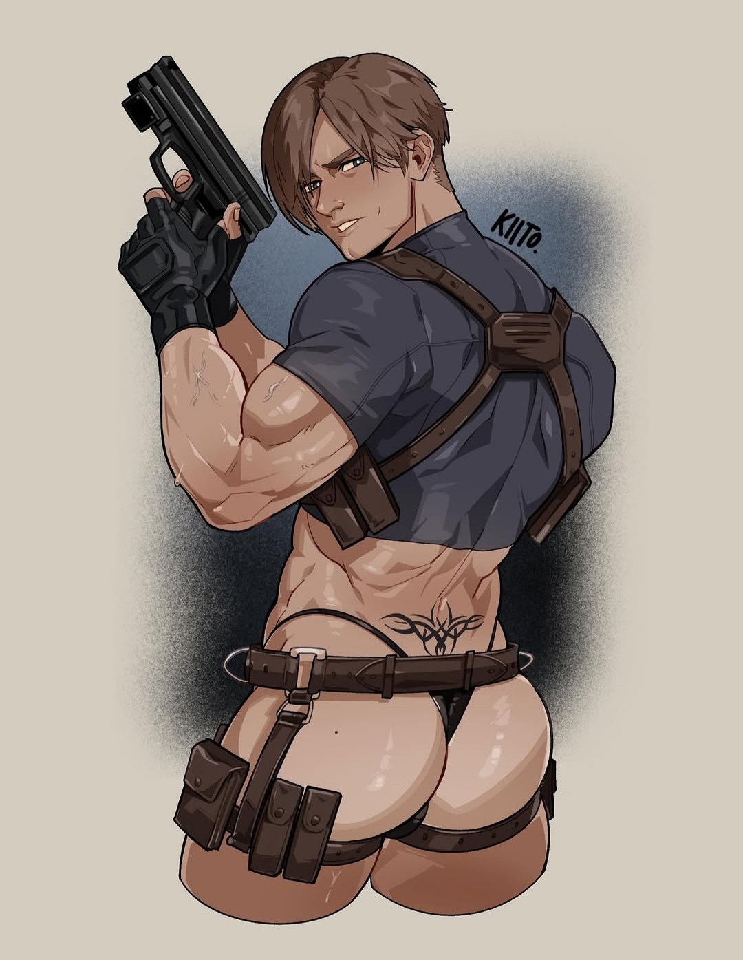 1boy, ass, ass focus, ass out, harness, human art, human artist, kiito, kiito.illust, kiito.illust (artist), leon scott kennedy, male only, no ai, resident evil, solo, solo focus, solo male, solo man, tramp stamp