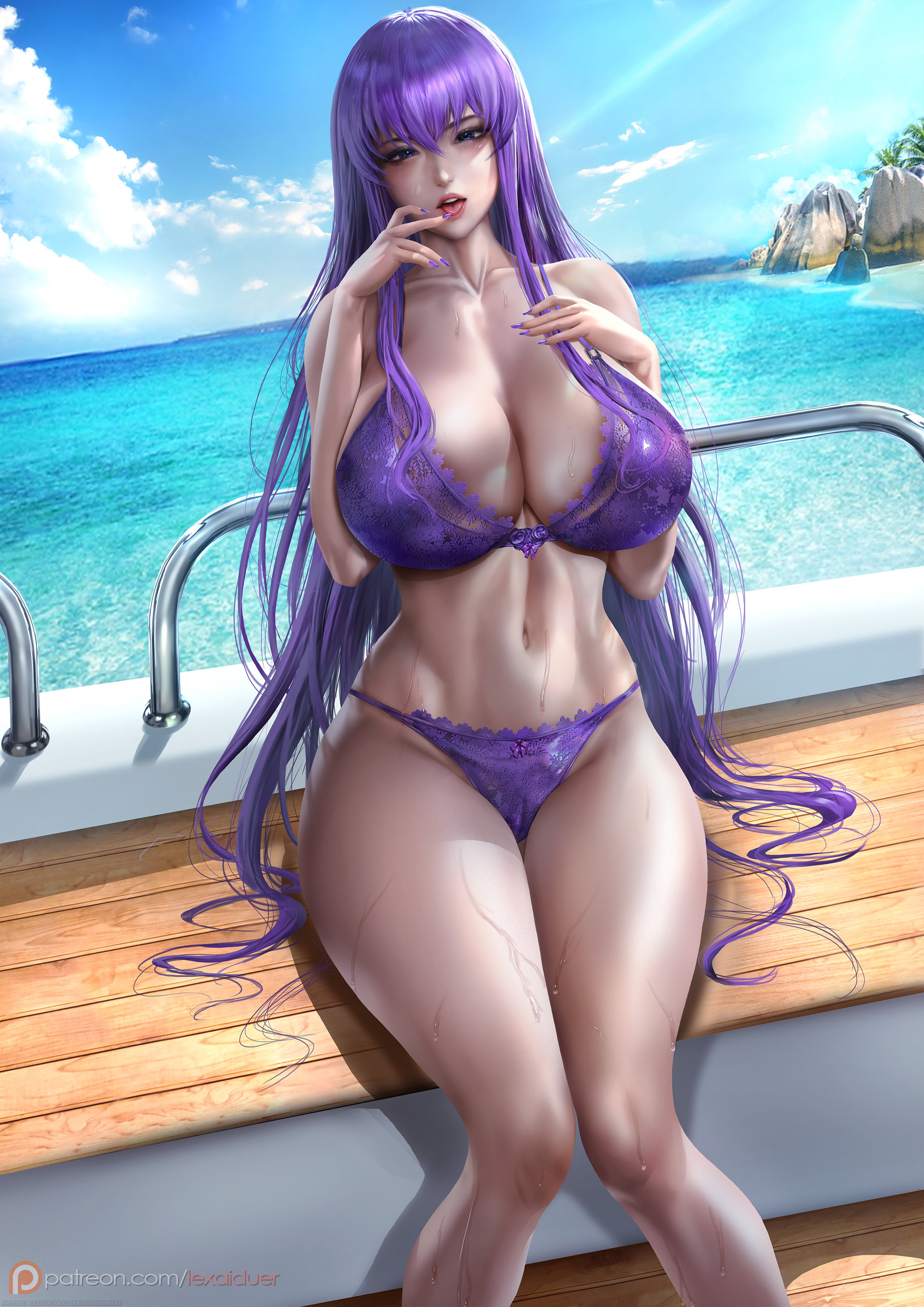 1girls, big breasts, blue eyes, bra, breasts, female, highschool of the dead, lexaiduer, light skin, light-skinned female, lingerie, panties, purple bra, purple hair, purple lingerie, purple panties, saeko busujima, solo
