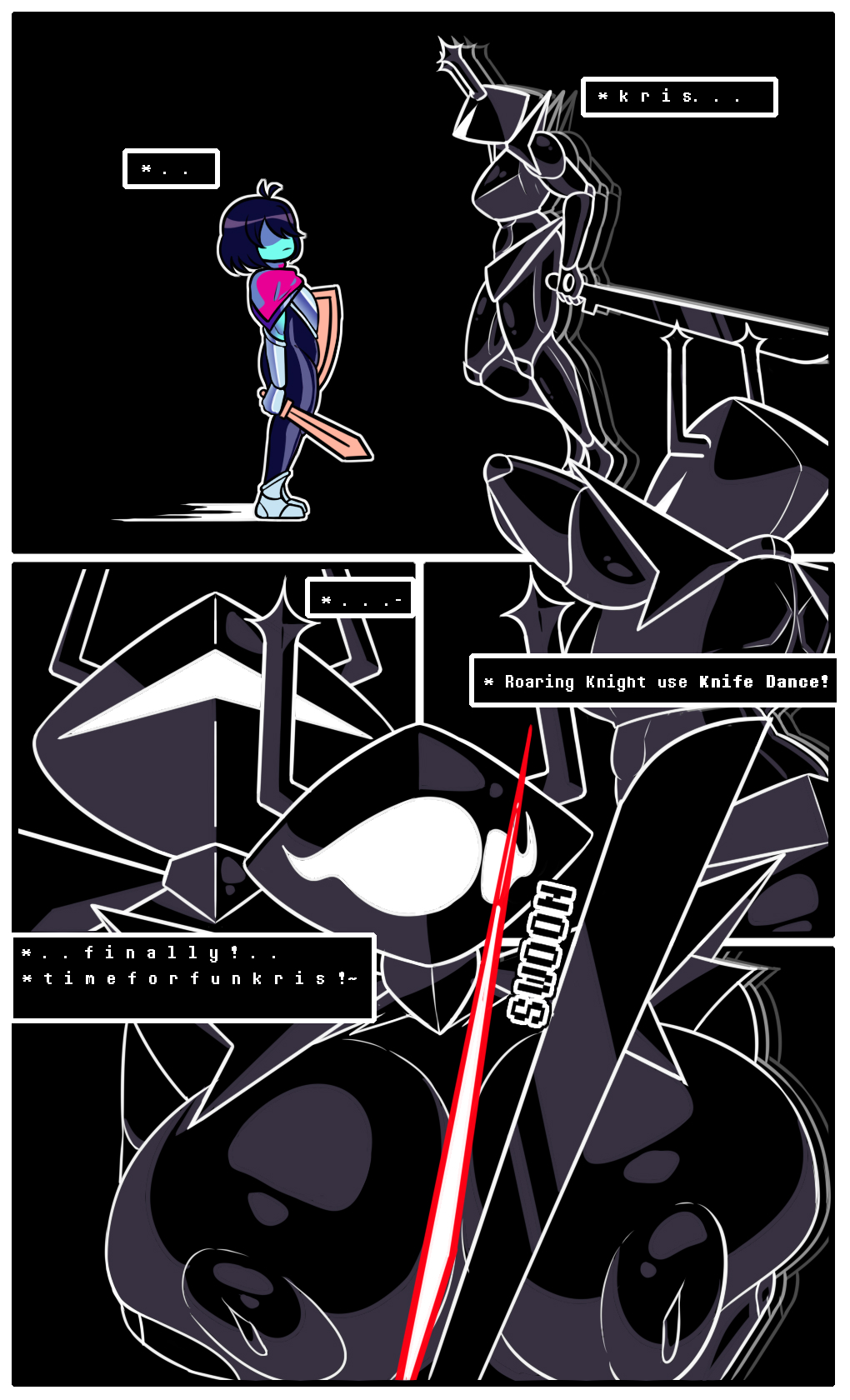 1boy, 1girls, armor, armored female, deltarune, excited, exposed breasts, female, hilder, kris (deltarune), roaring knight, swoon, tagme, teasing viewer