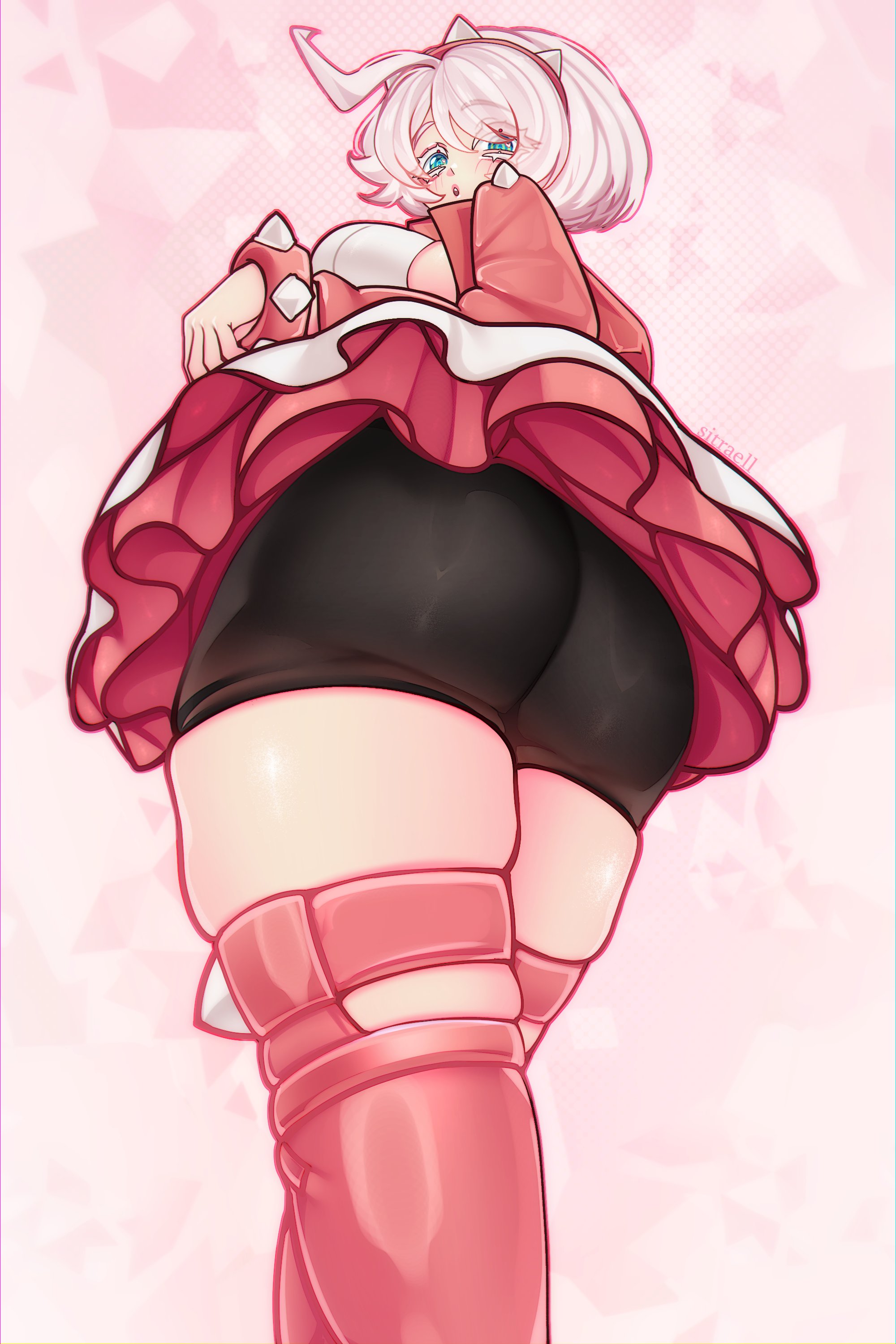 :o, ass focus, blush, bottom heavy, elphelt valentine, female, female only, frilled skirt, from behind, from below, guilty gear, guilty gear strive, huge ass, huge thighs, large ass, looking back, sitraell, skirt, spats, thick thighs, upper teeth, upskirt
