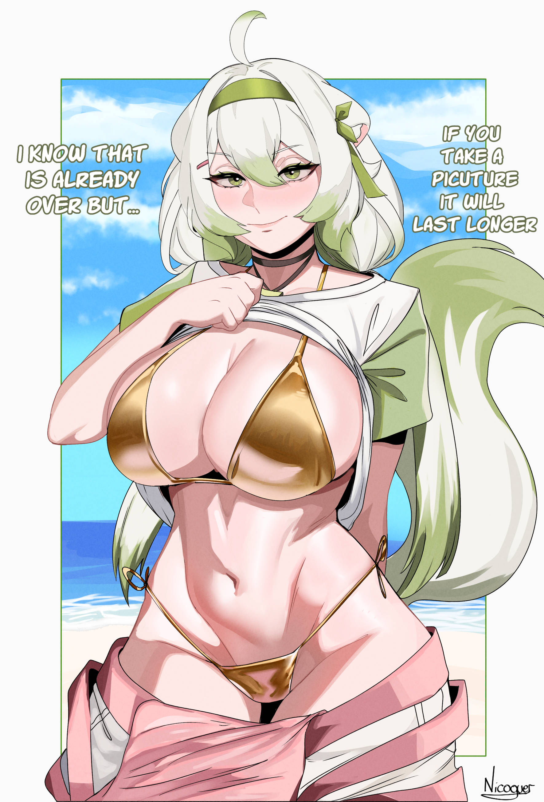 1girl, 1girls, ahoge, animal ears, beach, bikini, bow, breasts, cleavage, female, ferret ears, ferret girl, ferret tail, gold bikini, gradient hair, green eyes, green hair, green hairband, green tail, hair between eyes, hair bow, hairband, huge breasts, indie virtual youtuber, jewelry, laimu, large breasts, light skin, light-skinned female, multicolored hair, necklace, nicoguer, overalls, pink overalls, shorts, stomach, swimsuit, thighs, twintails, two-tone hair, two-tone tail, virtual youtuber, vtuber, white hair, white shorts, white tail, wide hips