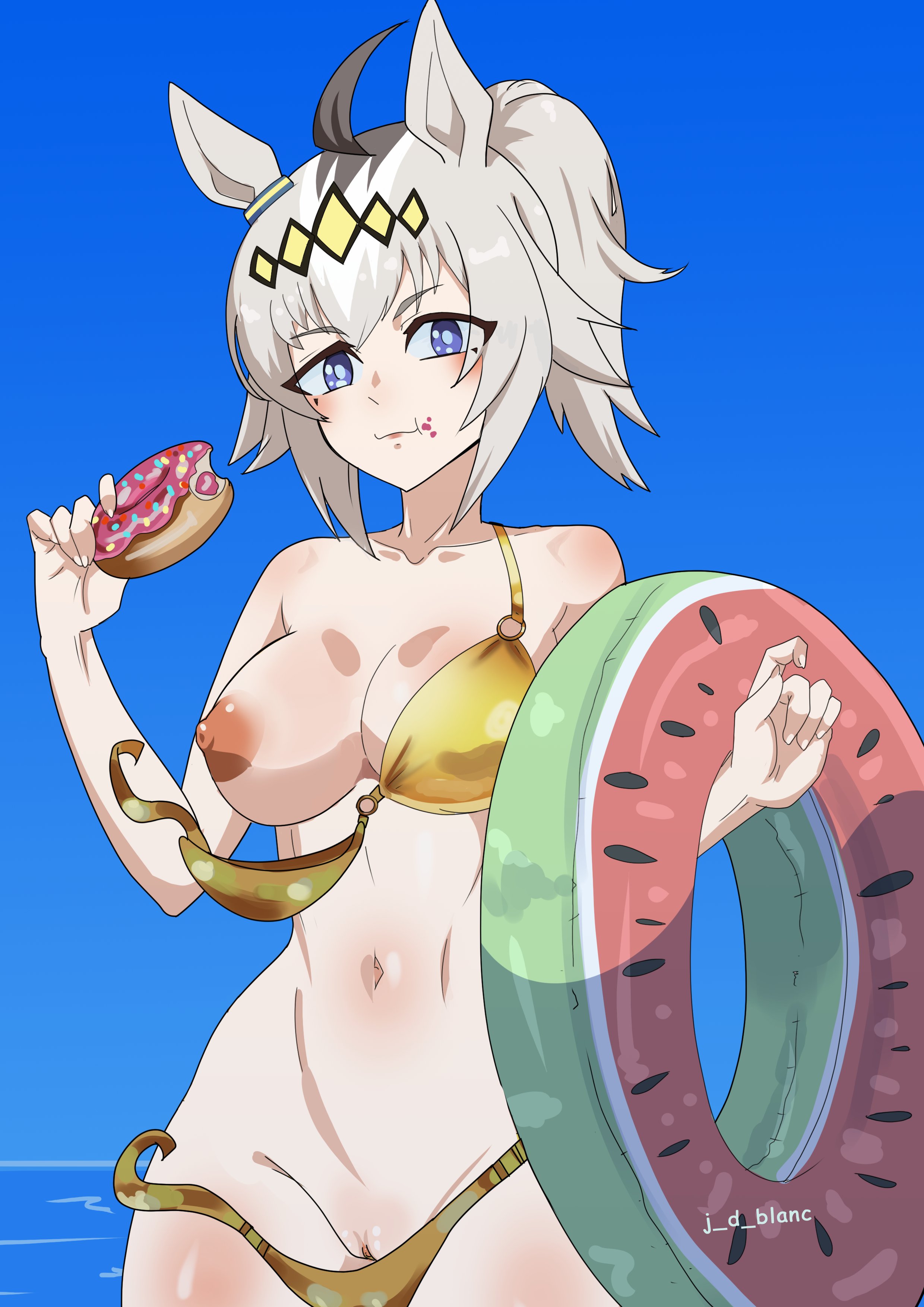 1girls, ahoge, bikini, blue eyes, dblanc, donut, eating, female, food, golden week, grey hair, hairband, hand up, holding object, horse ears, horse girl, horse tail, innertube, long nails, nude, nude female, ocean, oguri cap (umamusume), shaved pussy, short hair, solo, solo female, tail, umamusume, undone bikini, yellow bikini