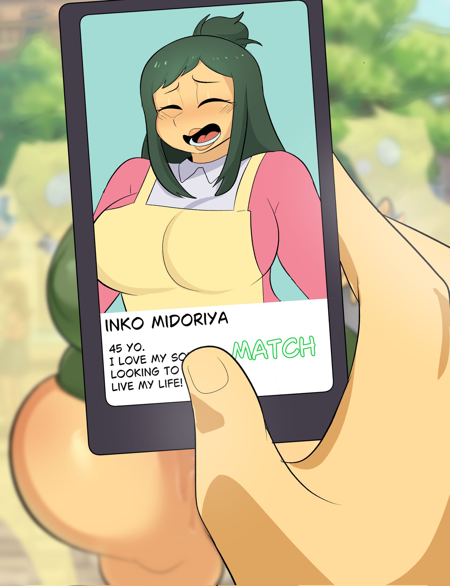 big breasts, big thighs, blue crow, catfishing, dating app, dating profile, enormous thighs, female, female only, foreground focus, green hair, huge thighs, inko midoriya, milf, my hero academia, tagme