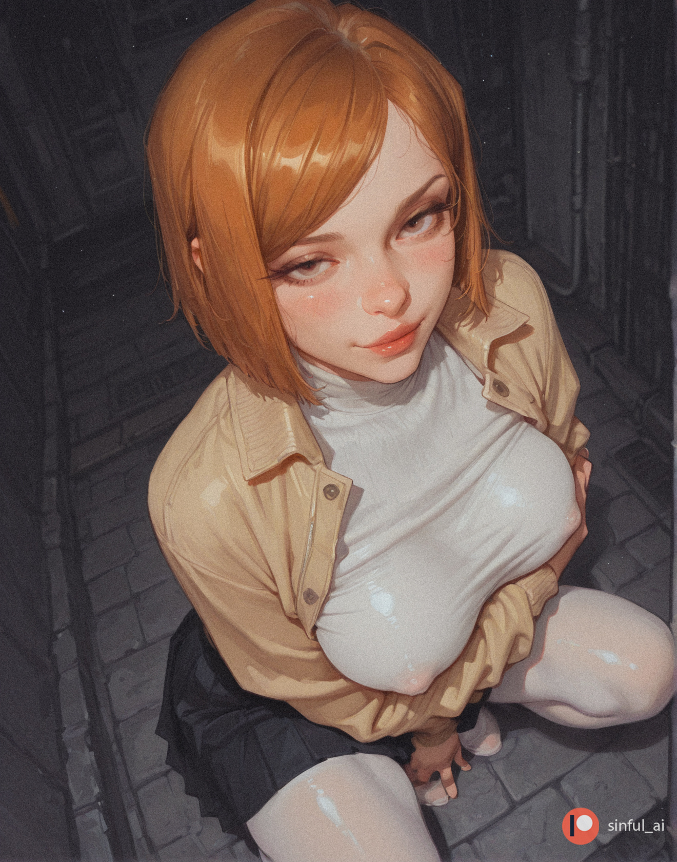 1girl, ai generated, aisinful, ass, big ass, big boobs, big butt, blush, breasts, brick wall, butt, covered nipples, female, hi res, jacket, jujutsu kaisen, kugisaki nobara, large breasts, lips, medium breasts, nose, pavement, realistic, short hair, skirt, smile, solo, stone floor, thick thighs, tile floor, tile wall, tiles, wall, wide hips