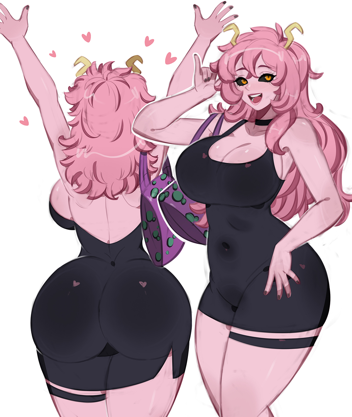 1girl, 1girls, adult mina, ashido mina, ass, back view, backboob, big ass, big breasts, big butt, black dress, black fingernails, black nail polish, black sclera, boku no hero academia, bubble ass, bubble butt, cleavage, curvy, curvy figure, dat ass, dress, fat ass, female, female focus, front and back, front view, garter straps, handbag, horns, huge ass, huge breasts, huge butt, kyopink, large ass, large breasts, large butt, long hair, mina ashido, mina ashido time-skip, my hero academia, my hero academia (finale), nail polish, pink body, pink hair, pink skin, post-timeskip, purse, round ass, round butt, slim waist, solo, solo female, thick, thick ass, thick thighs, tight clothing, voluptuous, voluptuous female, wide hips, yellow eyes