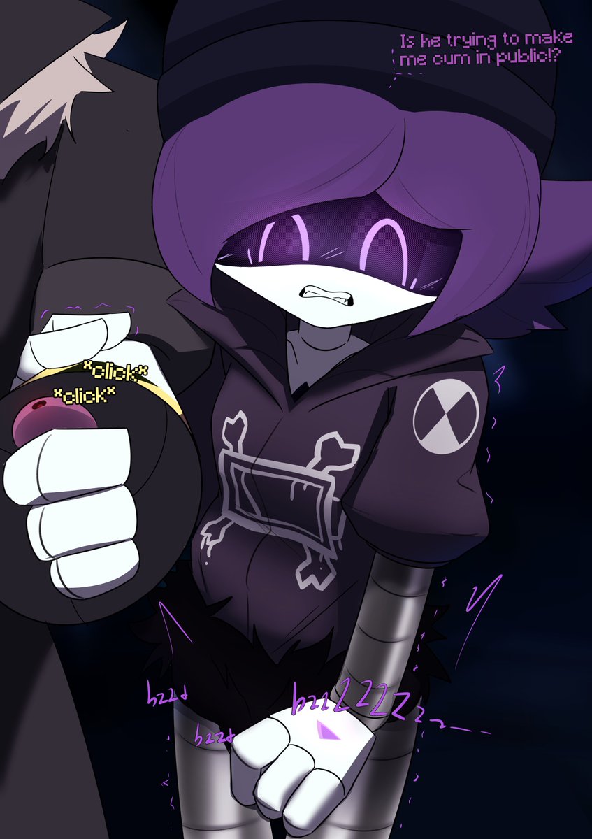 1boy, 1boy1girl, 1girls, black background, blush, blushing female, embarassed, errection, glitch productions, lawgx, male/female, murder drones, n (murder drones), purple eyes, purple hair, remote control vibrator, turned on, uzi (murder drones), vibrator