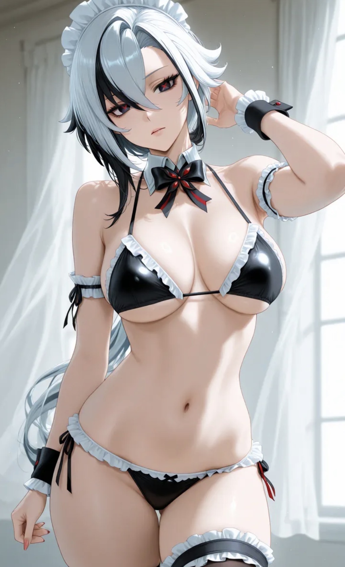 ai generated, arlecchino (genshin impact), big breasts, curves, daewi, genshin impact, long hair, maid, maid bikini, standing, thick thighs, tummy, white hair