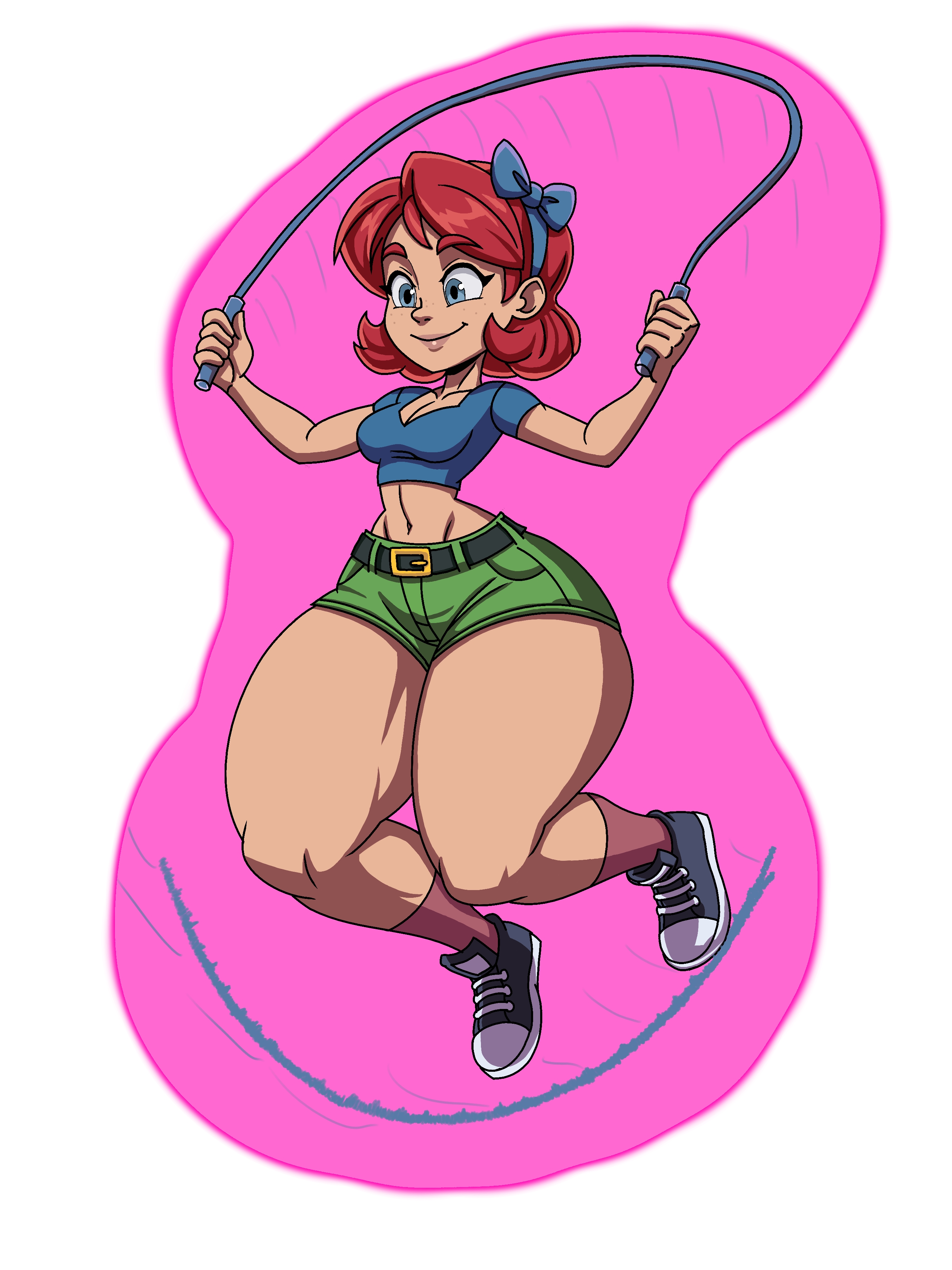 1girls, belt, big thighs, blue eyes, bottom heavy, clothing, converse, curvy, fat thighs, female, footwear, full body, huge thighs, human, jumping ropes, large thighs, medium breasts, nonsexual, pale skin, pink background, red hair, reddraws, rope, scarlet (yerkdiff), scarlet skips, shoes, shorts, smile, thick thighs, thigh focus, thighs, wide thighs