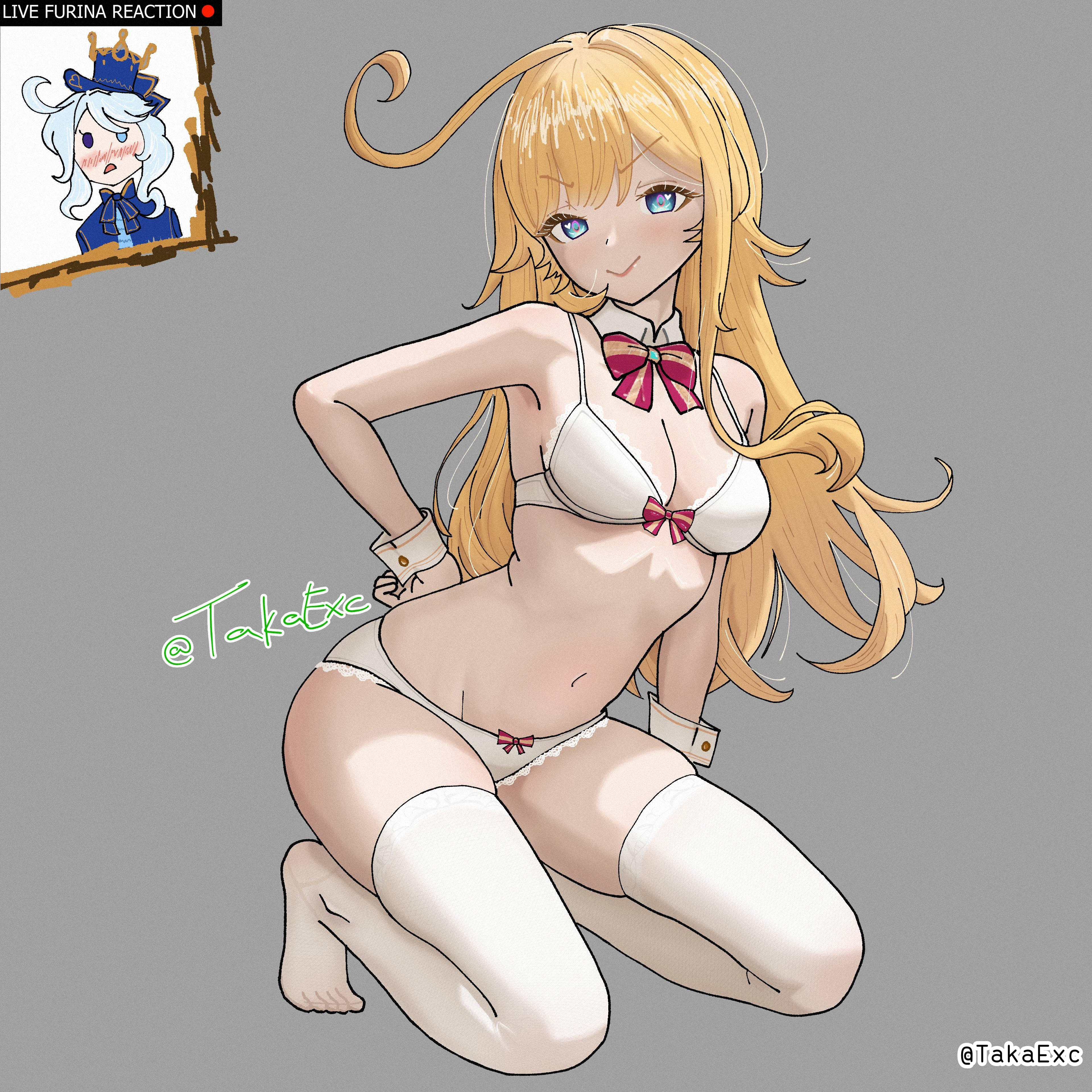 , 1girls, 2d, 2d (artwork), 2d artwork, ahoge, armpits, average breasts, bare armpits, bare arms, bare belly, bare hands, bare hips, bare midriff, bare navel, bare shoulders, bare skin, belly, belly button, blonde, blonde female, blonde hair, blonde hair female, blonde-haired female, blue eyes, blue-eyed female, bowtie, bra, breasts, calves, cleavage, closed mouth smile, collar, collarbone, digital, digital art, digital drawing, digital drawing (artwork), digital media, digital media (artwork), drawing, elbows, escoffier (genshin impact), exposed, exposed armpits, exposed arms, exposed belly, exposed hips, exposed midriff, exposed navel, exposed shoulders, exposed skin, eyebrows visible through hair, feet, female, female focus, female only, frilled bra, frilled panties, frilled underwear, full body, genshin impact, grey background, grin, grinning, grinning at viewer, groin, half naked, half nude, hand on hip, hand on own hip, head tilt, high resolution, highres, hourglass figure, inguinal crease, inguinal ligament, knees, lean figure, legs, legs folded, legwear, long hair, looking at viewer, matching underwear, medium breasts, midriff, naked, naked female, naked woman, narrow waist, navel, nude, nude female, nudity, panties, partially undressed, posing, posing for the viewer, posing naked, posing nude, red bowtie, ribbon bra, ribbon panties, semi nude, shoulders, simple background, sitting, skindentation, slender body, slender waist, slim female, slim waist, smile, smiley face, smiling, smiling at viewer, smug, smug expression, smug eyes, smug face, smug grin, smug smile, solo, squat, squatting, squatting female, squatting pose, stockings, takaexc, thigh highs, thighhighs, thighs, tilted head, toes, touching hip, underwear, underwear only, white bra, white collar, white legwear, white panties, white stockings, white thigh highs, white thighhighs, white underwear, white wrist cuffs, wide hips, wrist cuffs
